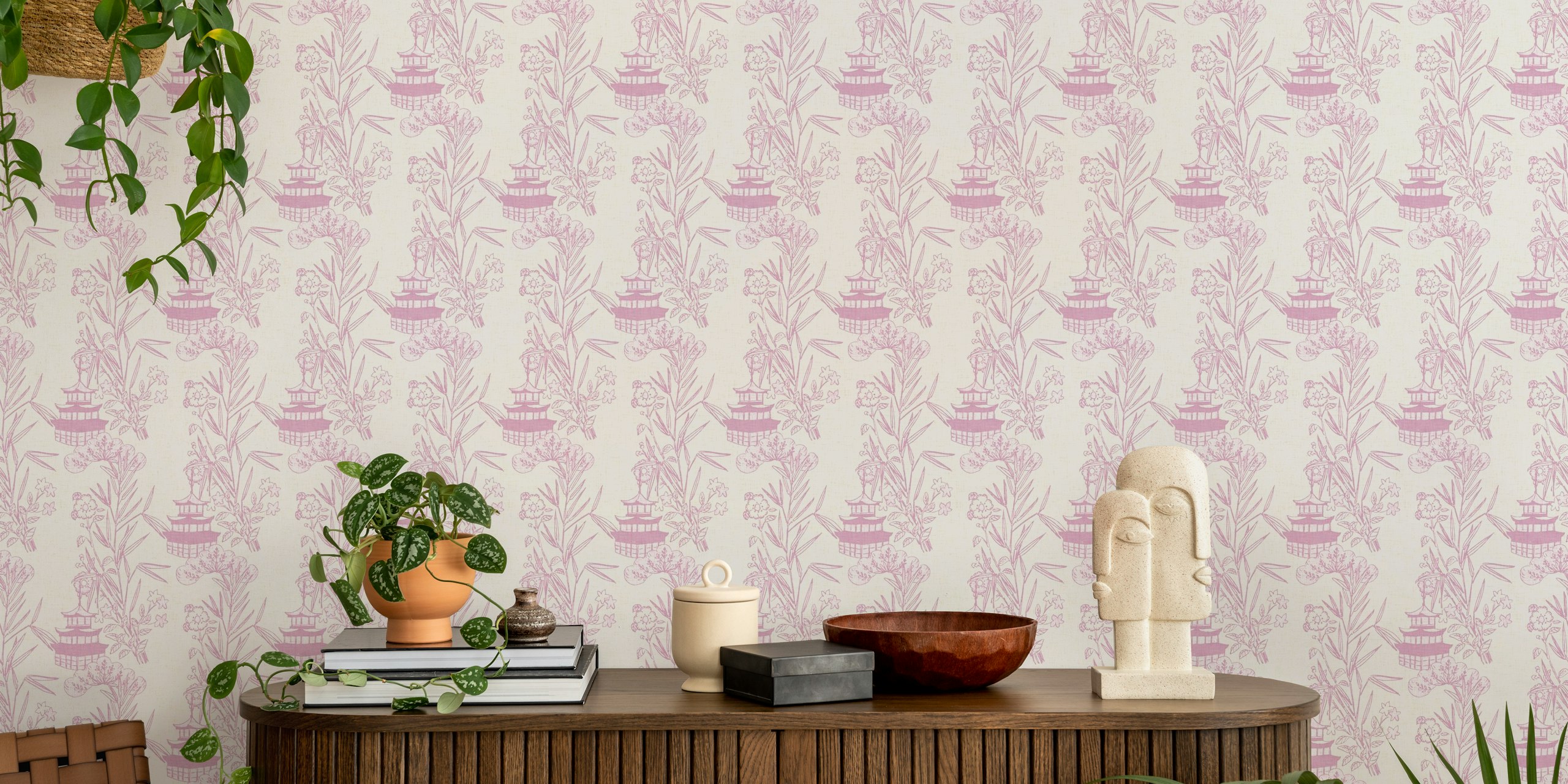 Pink vintage toile wallpaper with bamboo and pagodas