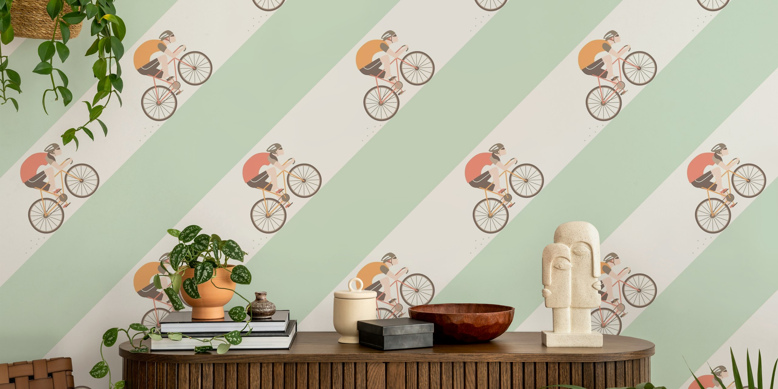 Cycling figures on stripes in cream and green wallpaper