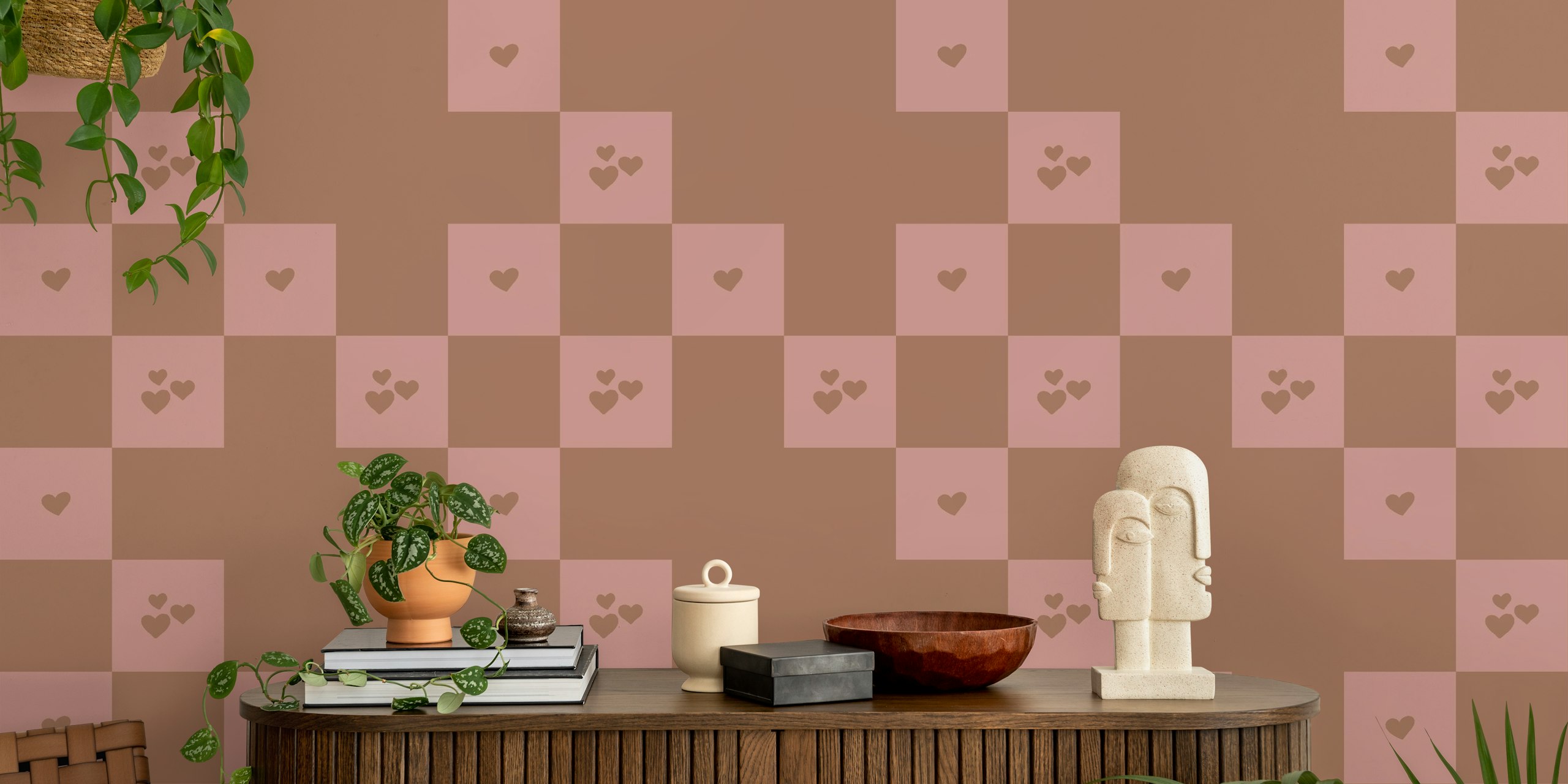 Ταπετσαρία Mocha mousse abstract grid hearts σε ένα δωμάτιο