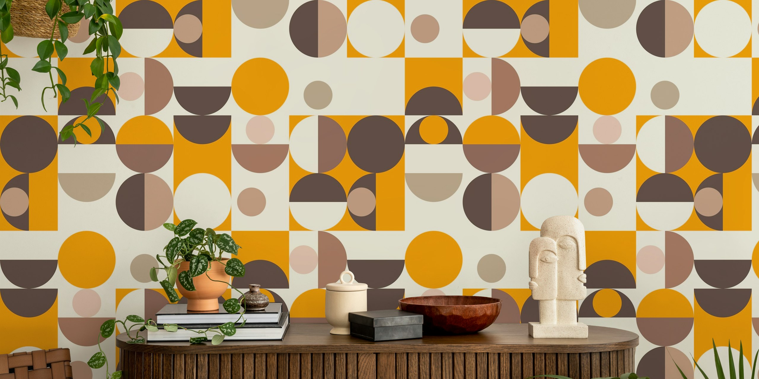 Geometric circle patterns in earthy tones orange, brown, beige wallpaper