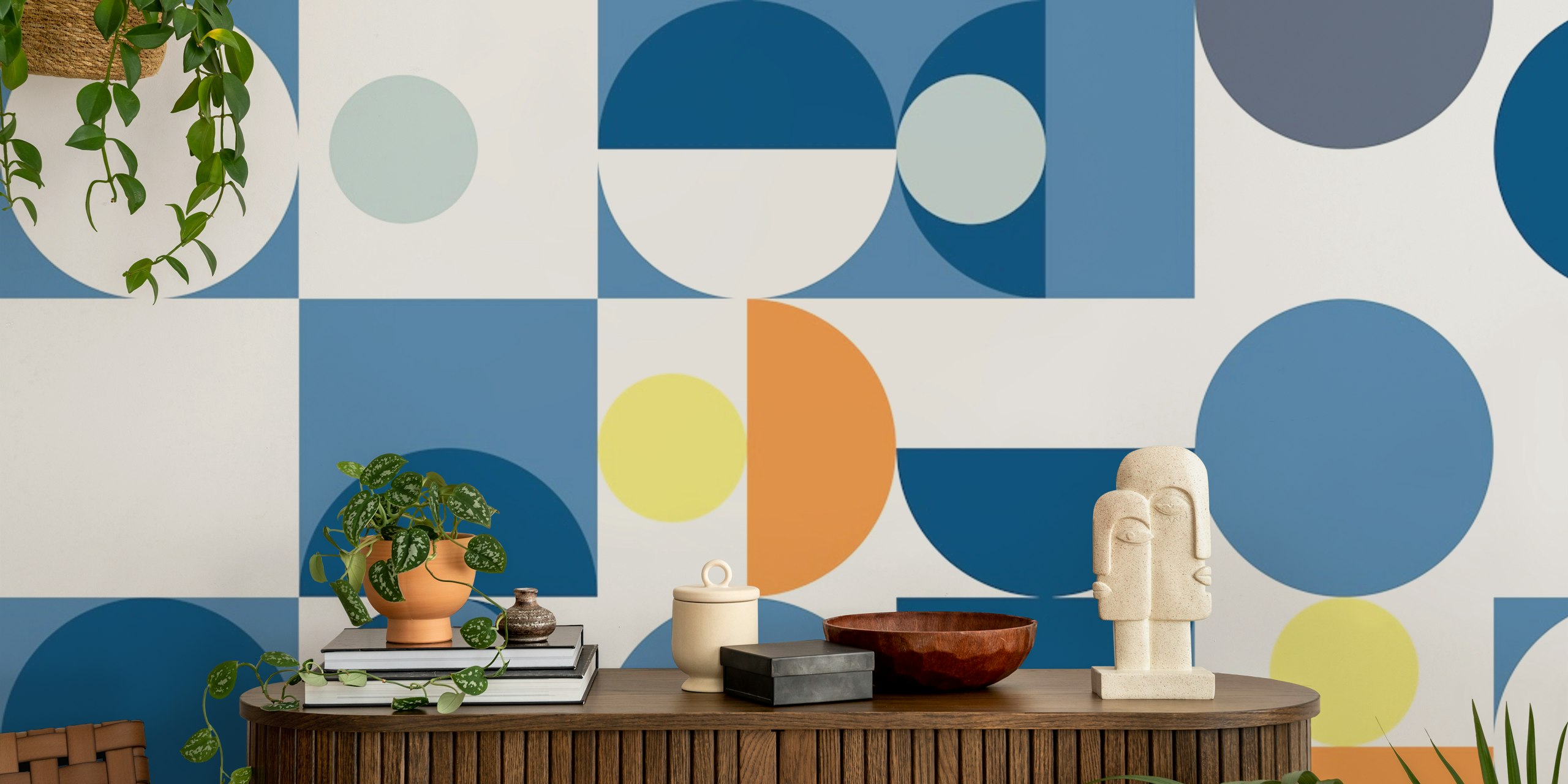 Papel de parede Bauhaus Mid-Century Serene Navy em um cômodo