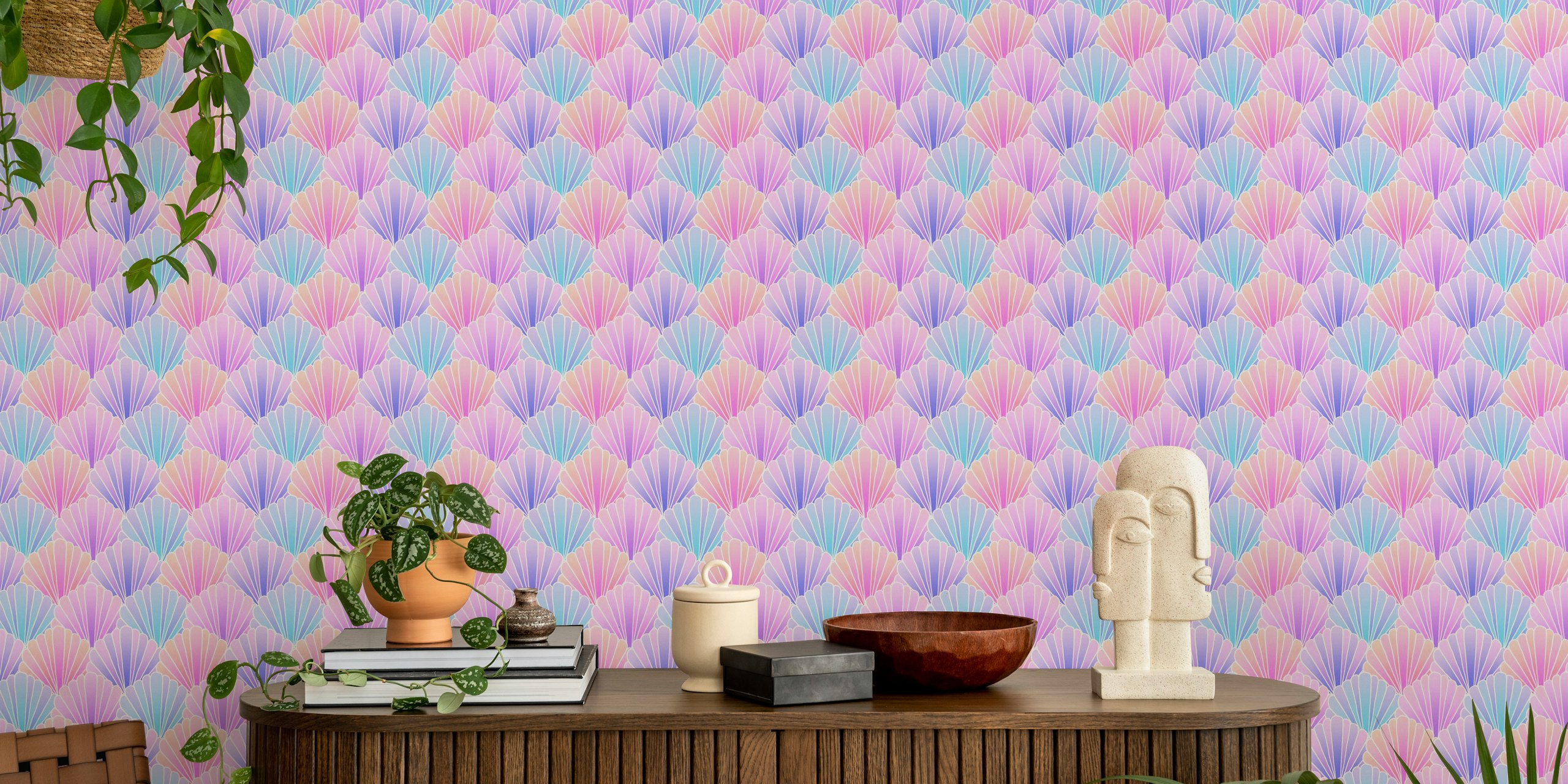 Pastel rainbow seashell scallop wallpaper in a room