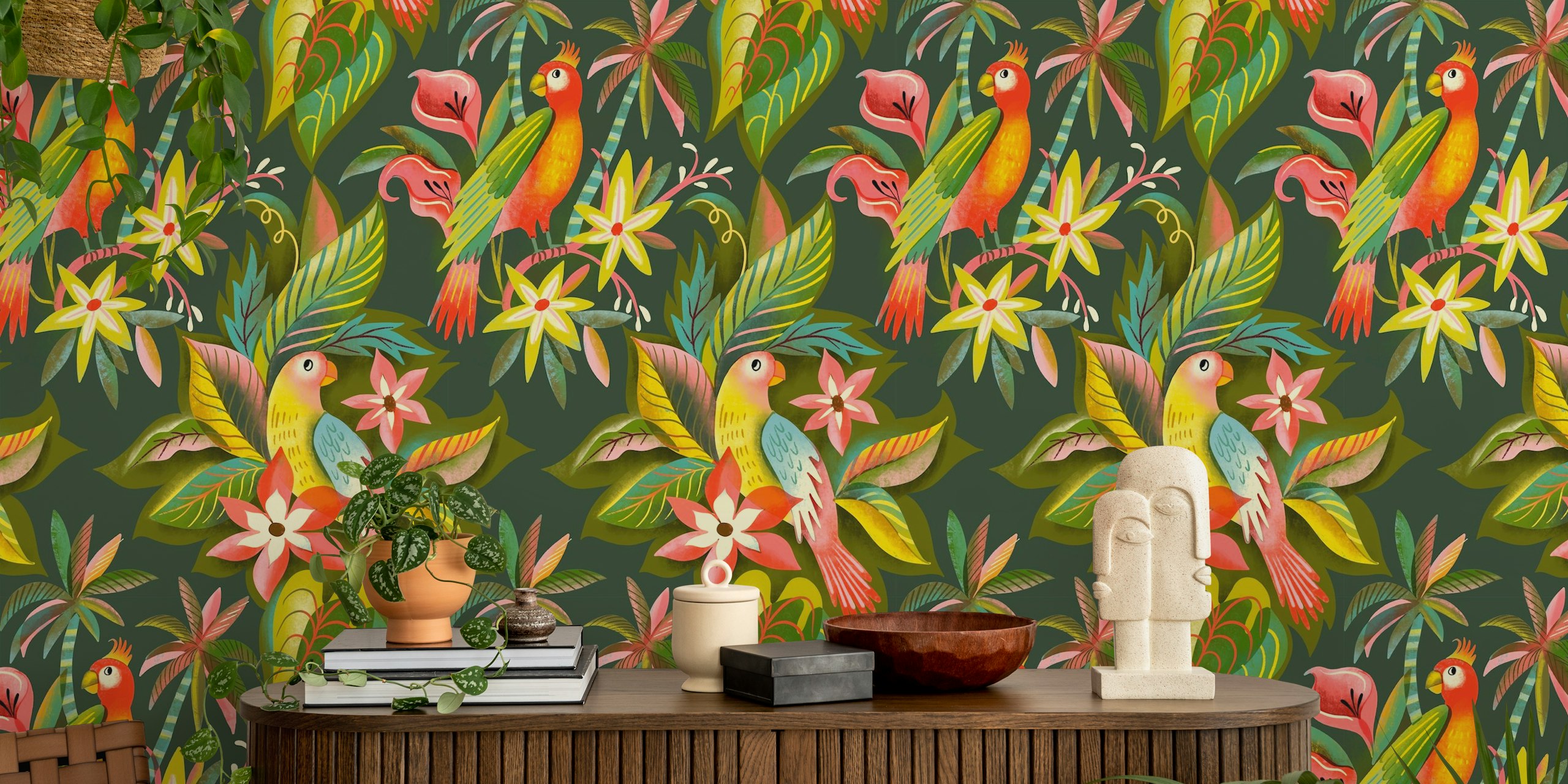 Colorful tropical parrots, flowers, green leaves wallpaper