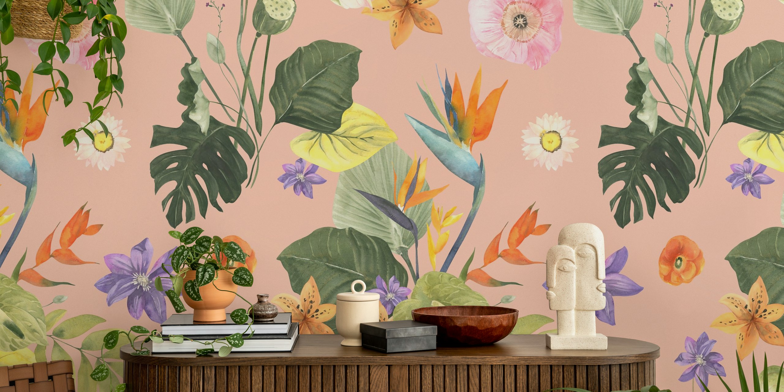 Tropical flowers and leaves pattern in vibrant colors wallpaper
