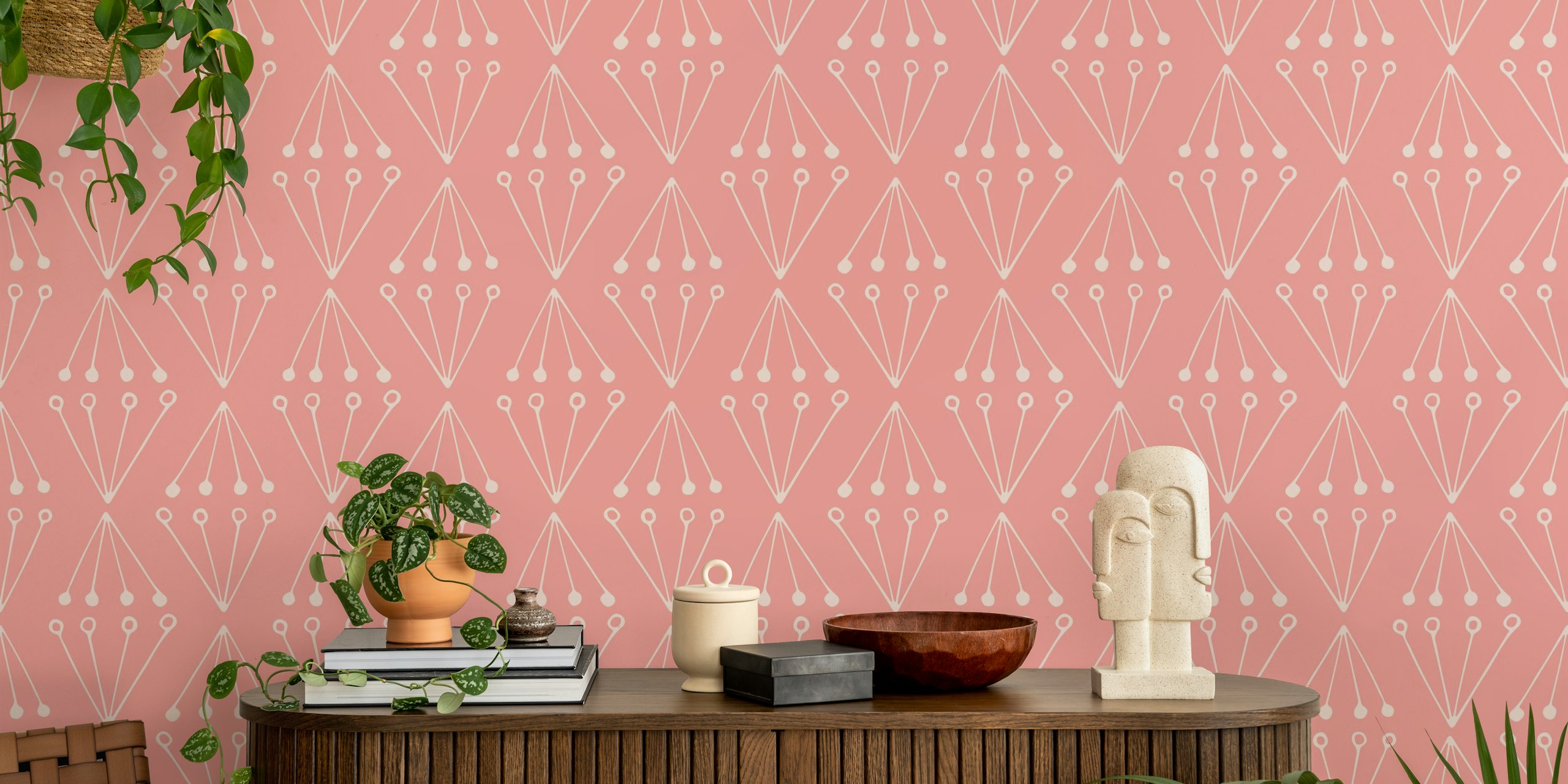 Geometric abstract pattern with pink background and cream shapes wallpaper