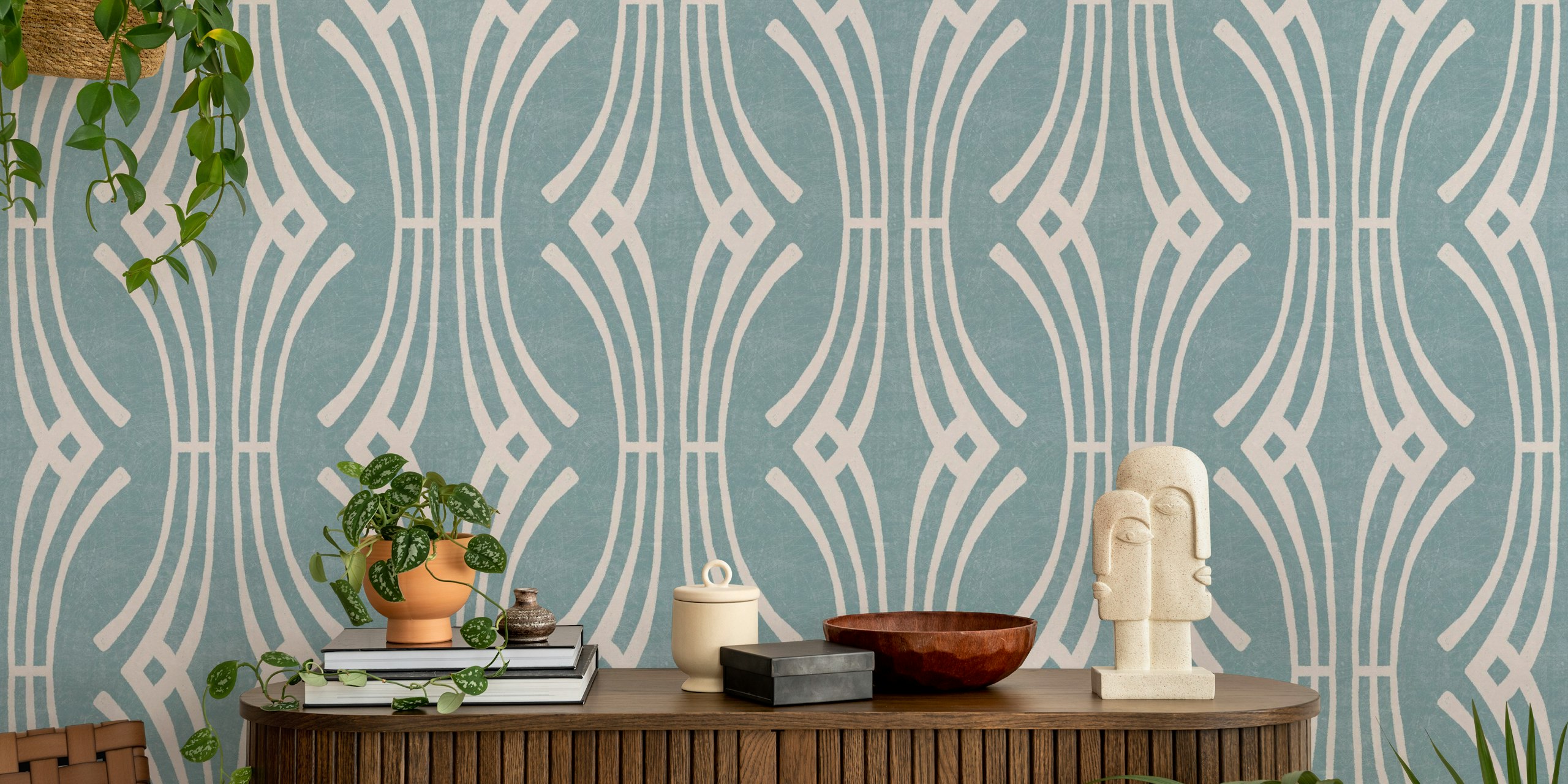 Geometric wave pattern in blue and white wallpaper