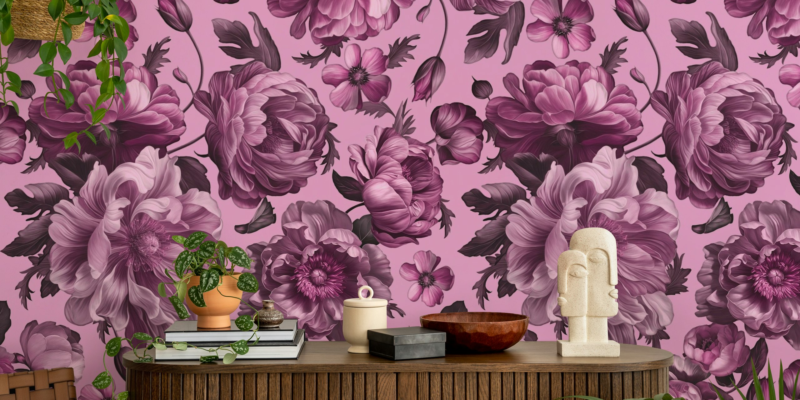 Ταπετσαρία Dark Academia Pink Baroque Flower σε ένα δωμάτιο