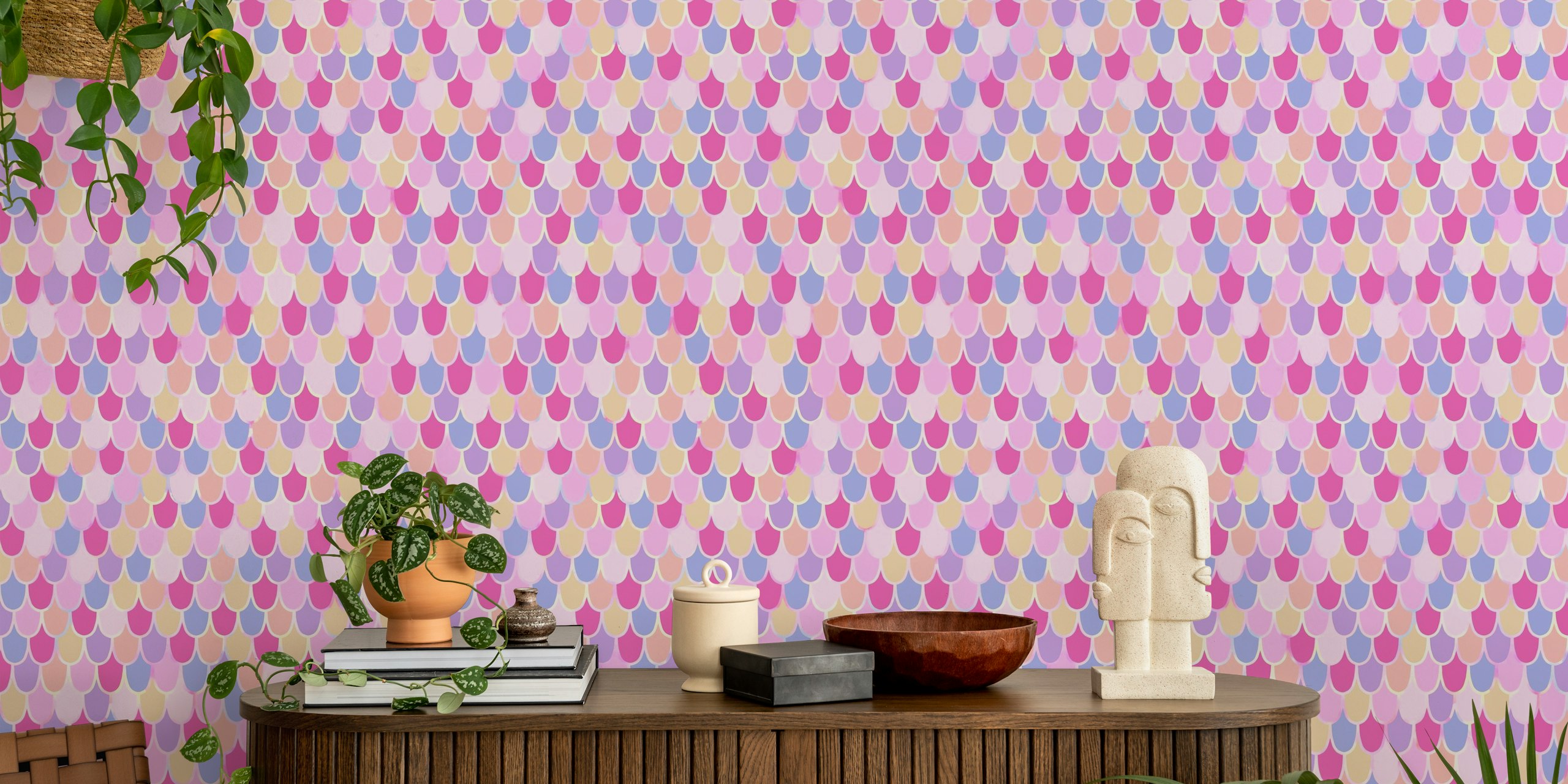 Pastel mermaid scale pattern in pink, purple, and blue colors wallpaper
