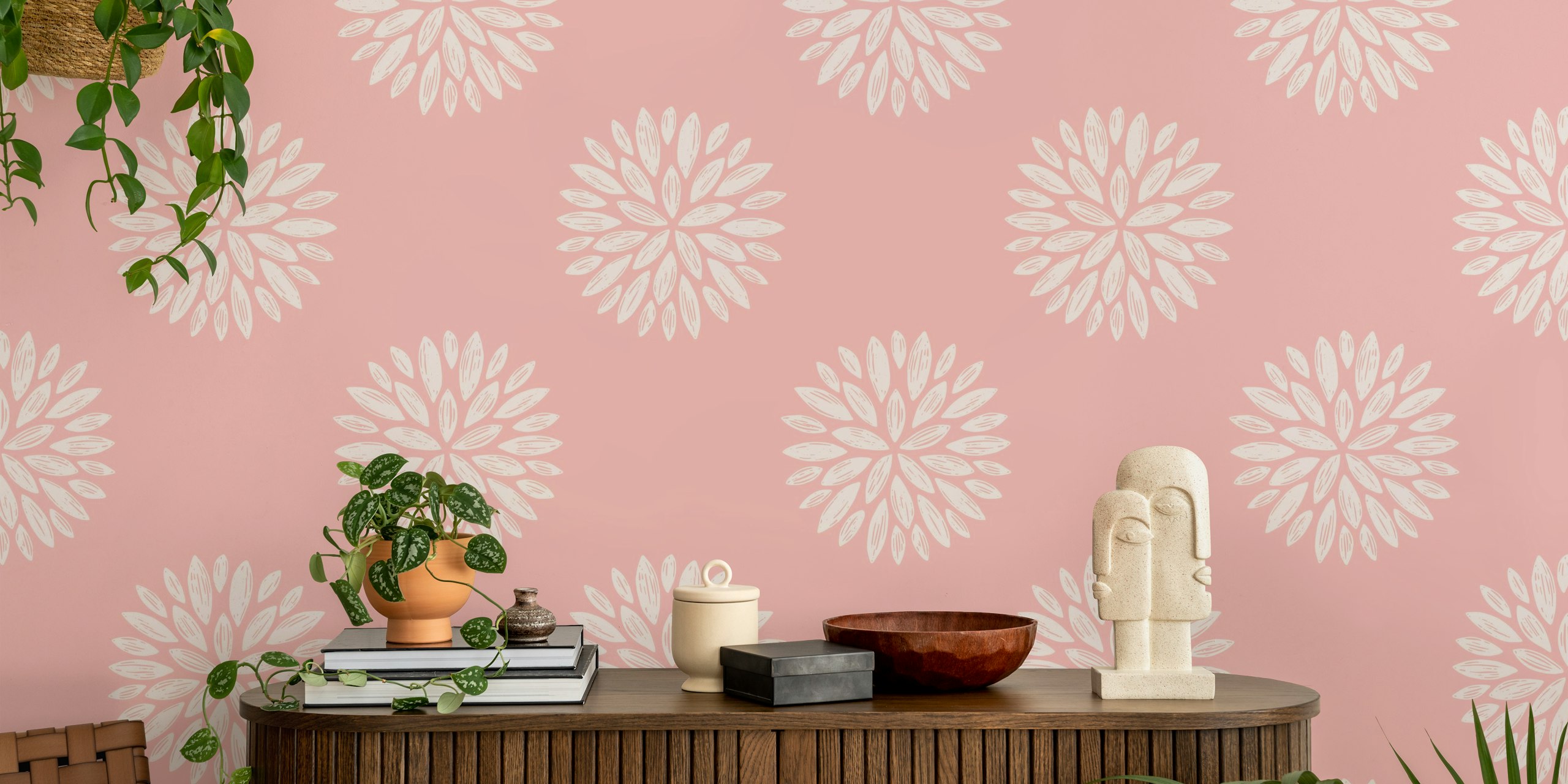 Floral pattern in white on pink background wallpaper