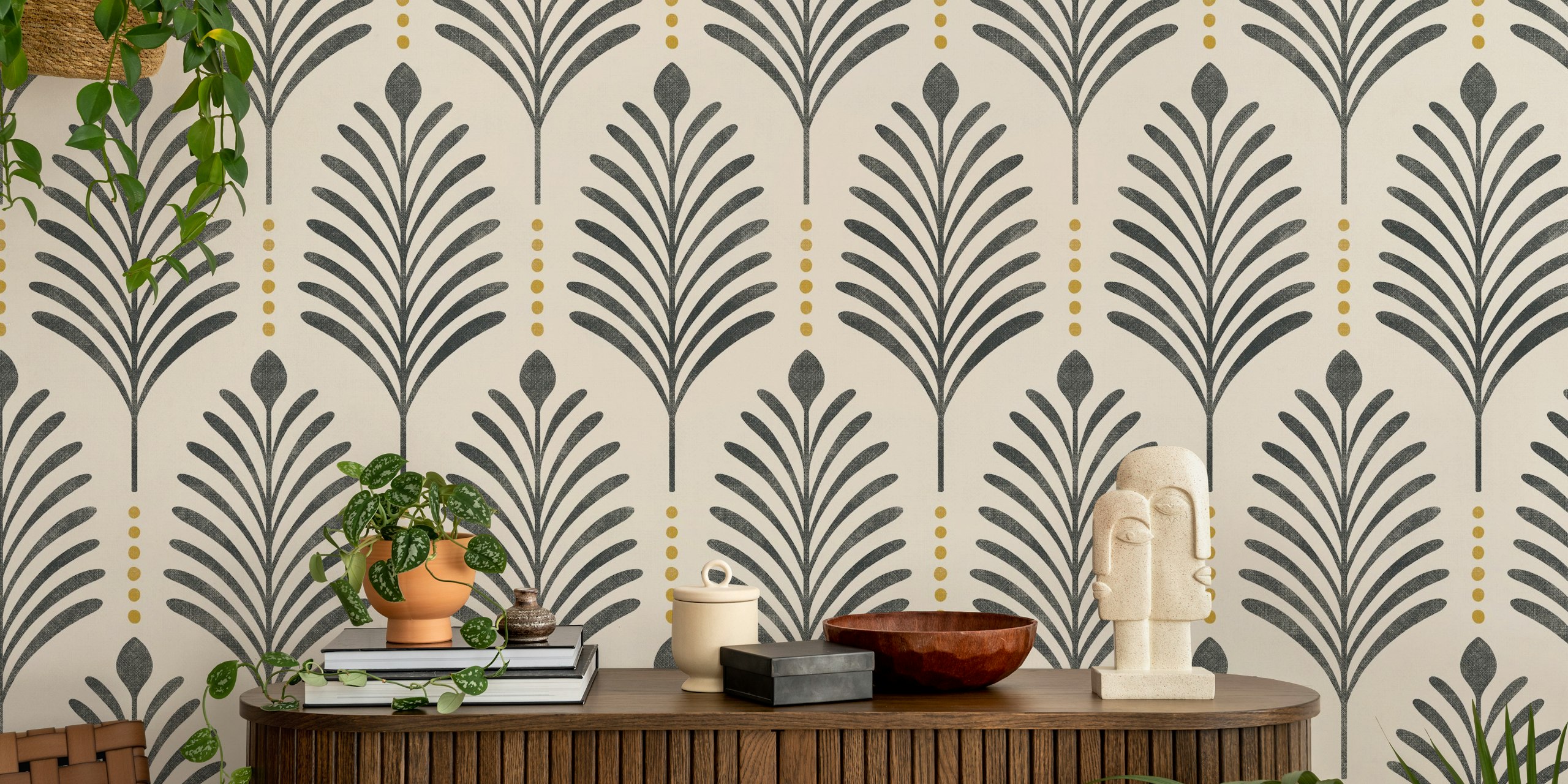 Art deco vertical leaves papel de parede em um quarto