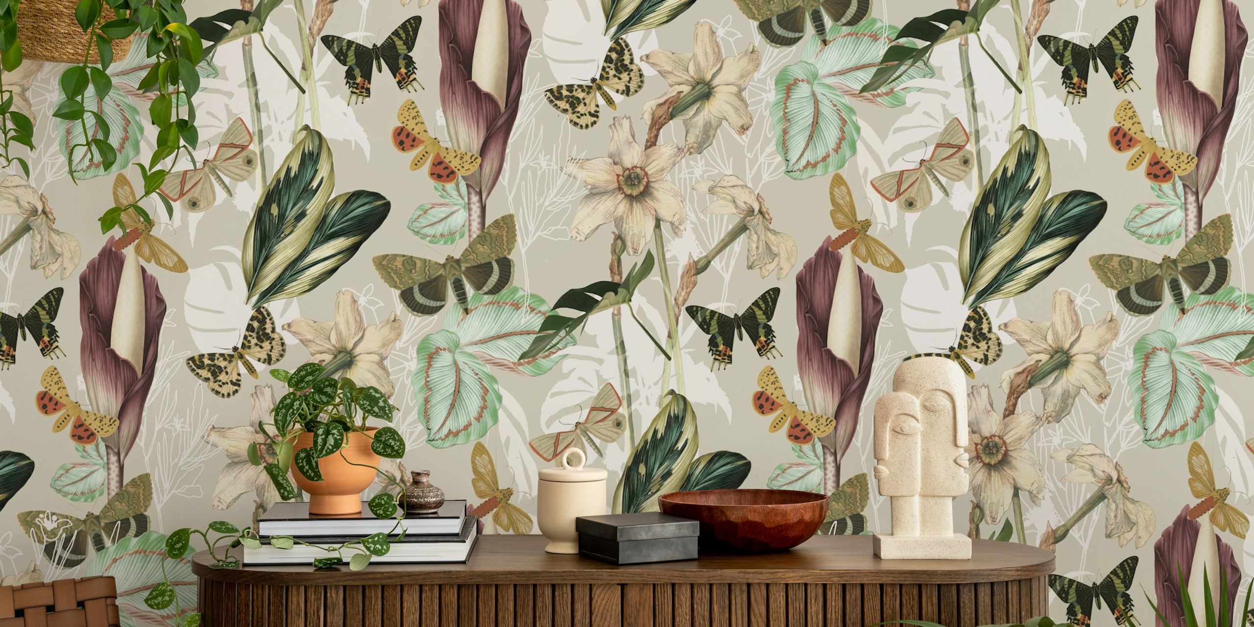 Exotic flora and fauna wallpaper in a room