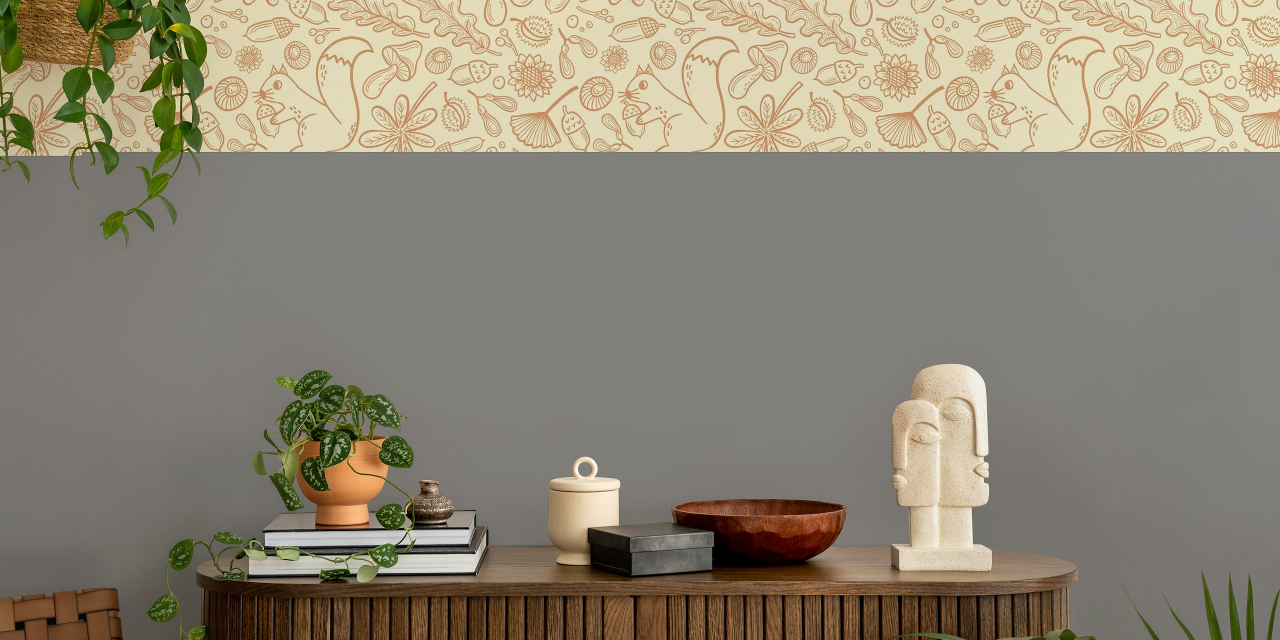 Squirrel and foliage pattern in beige tones wallpaper