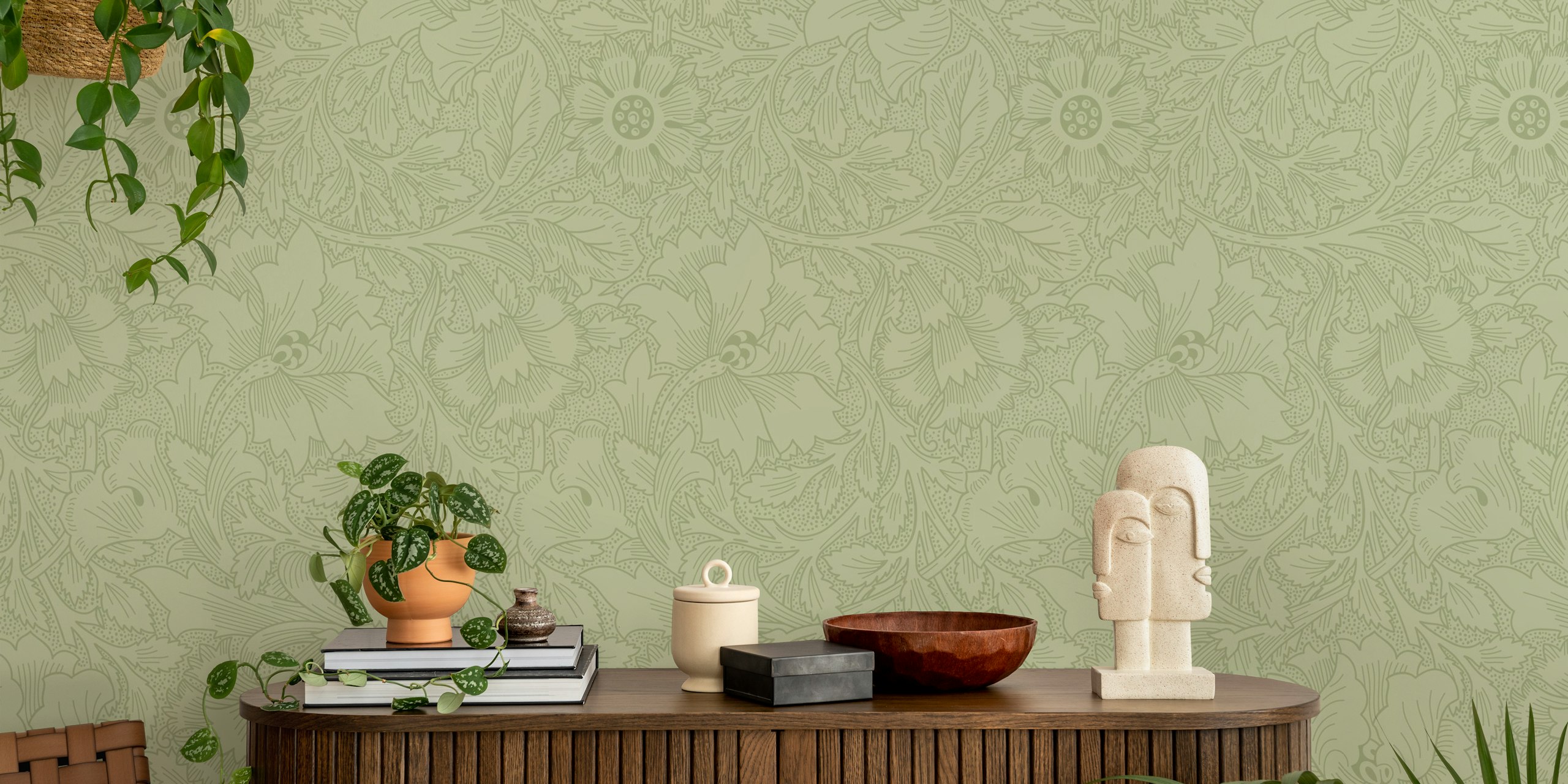 Poppy floral pattern on soft green background wallpaper