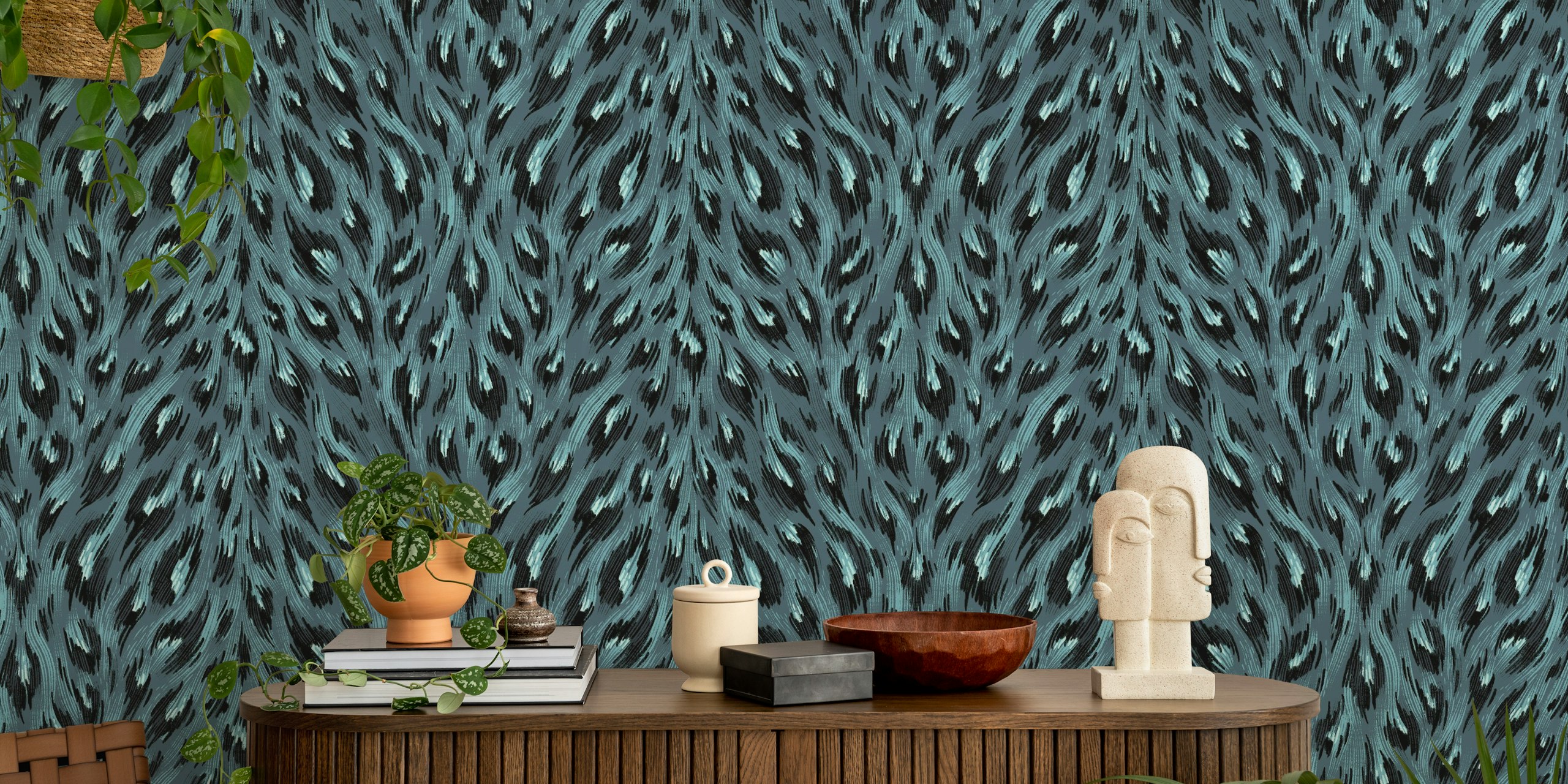 Leopard print pattern in dark grey and light blue colors wallpaper