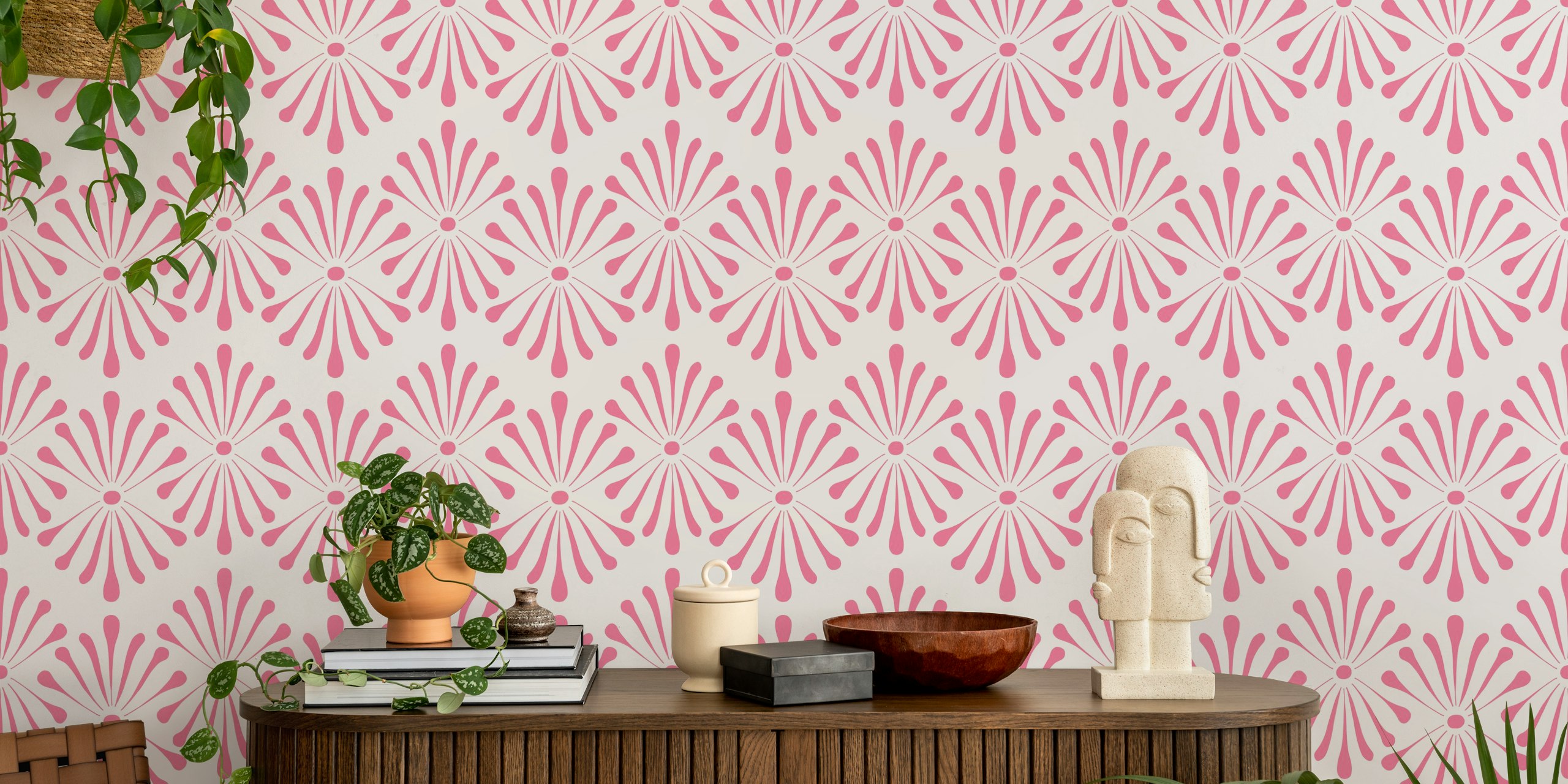Pink floral pattern on beige background wallpaper
