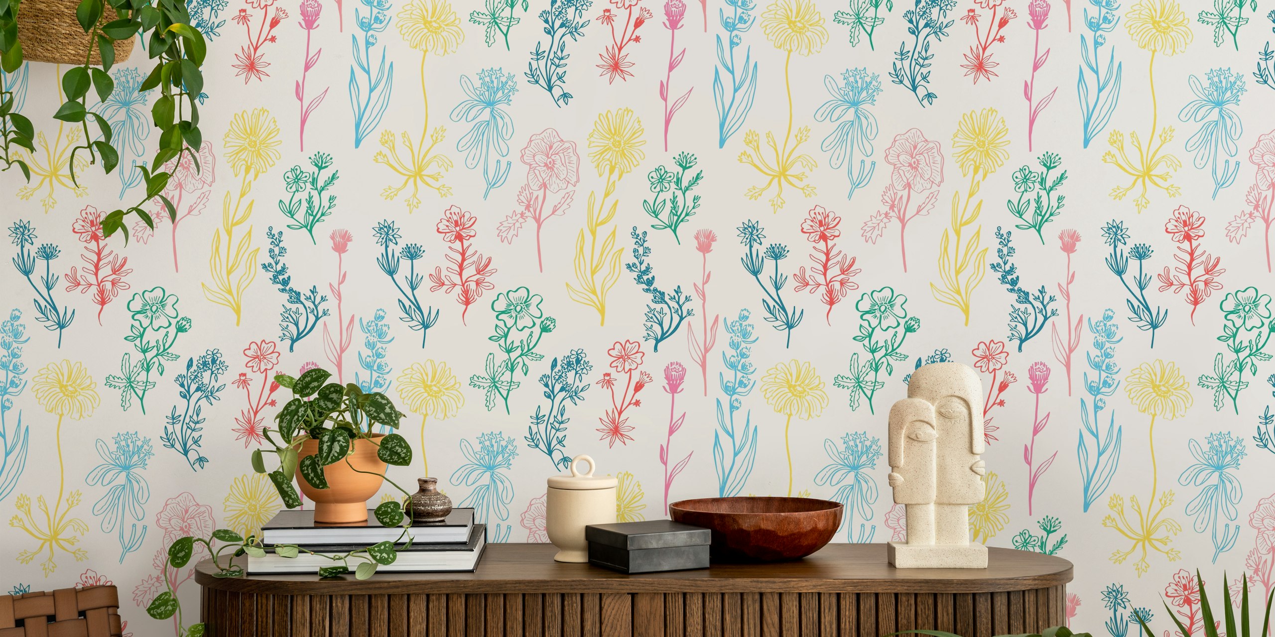 Botanical Pastel Wildflowers wallpaper in a room
