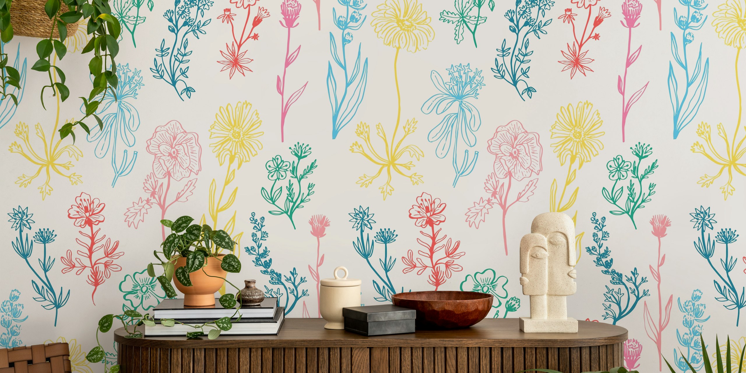Botanical Pastel Wildflowers wallpaper in a room