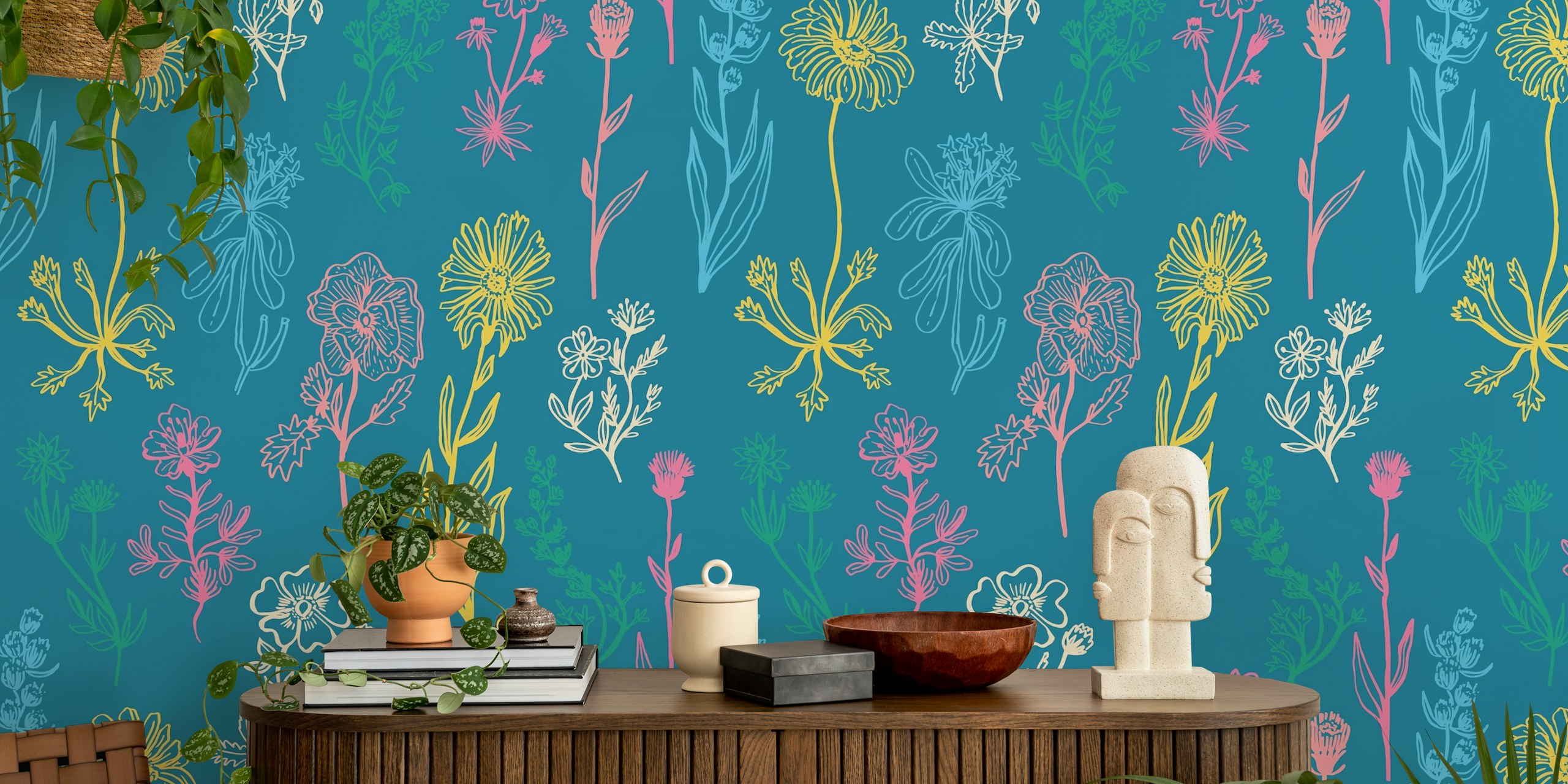 Botanical Alp Wildflowers wallpaper design in a room