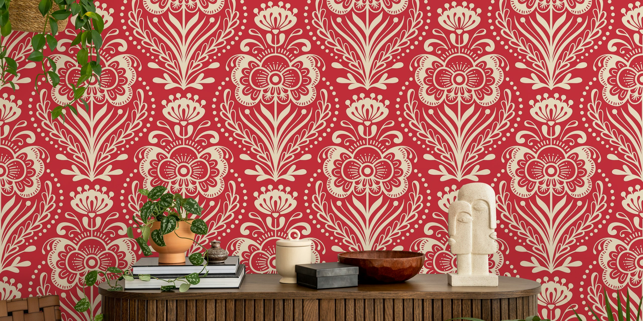 Vintage decorative floral pattern in red wallpaper