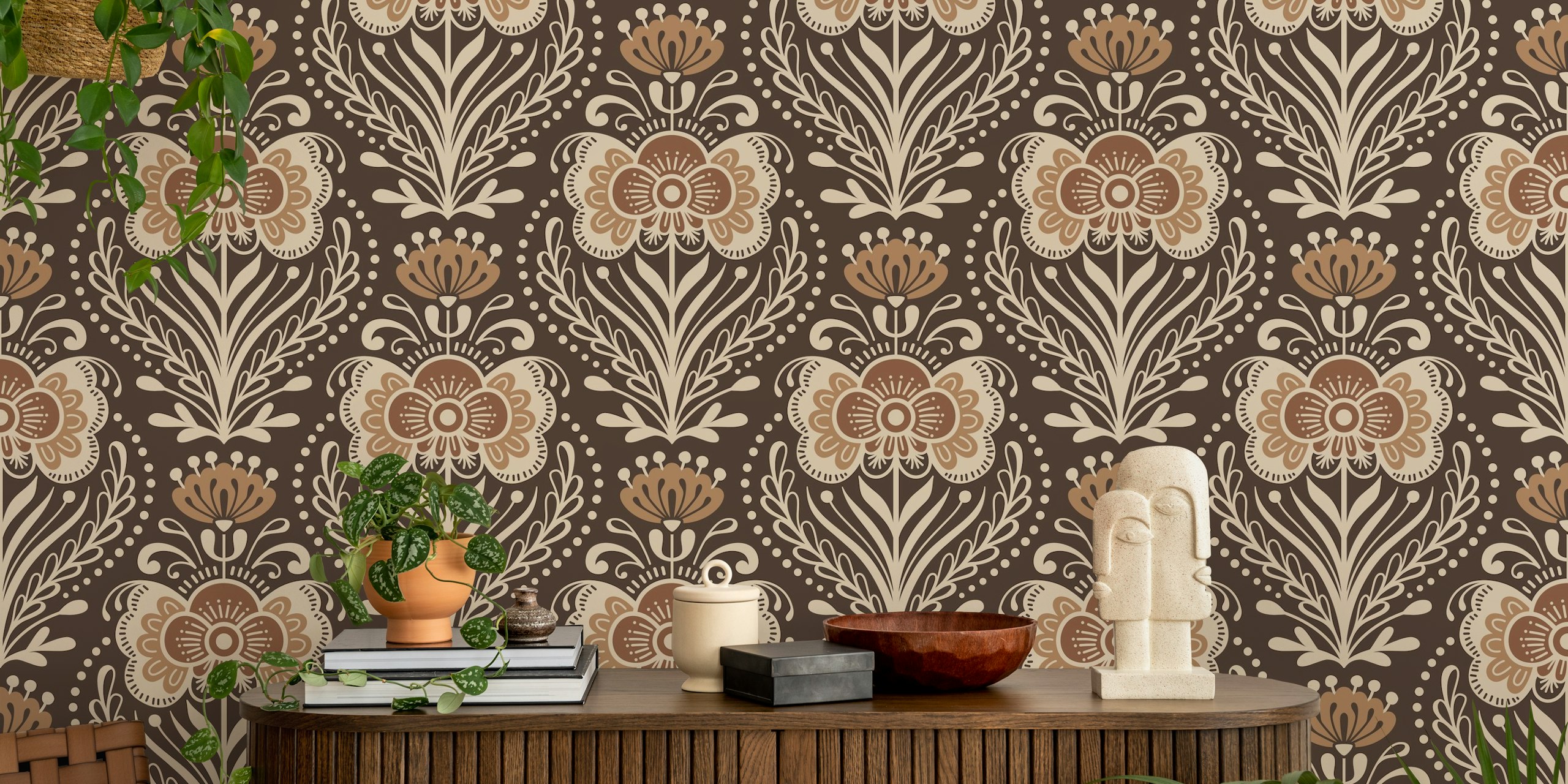 Brown vintage floral pattern wallpaper