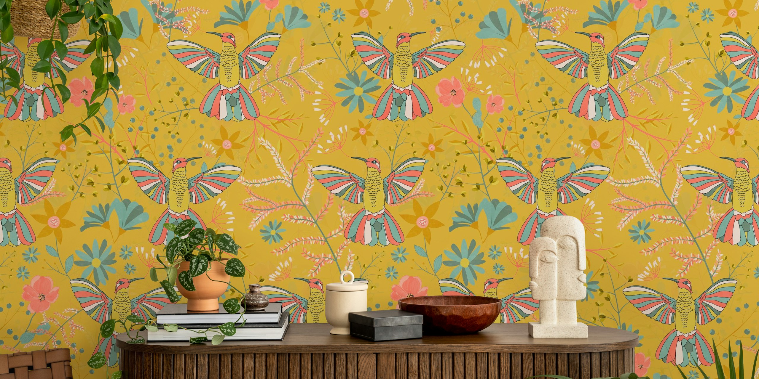 Hummingbird Garden yellow tapeta v pokoji