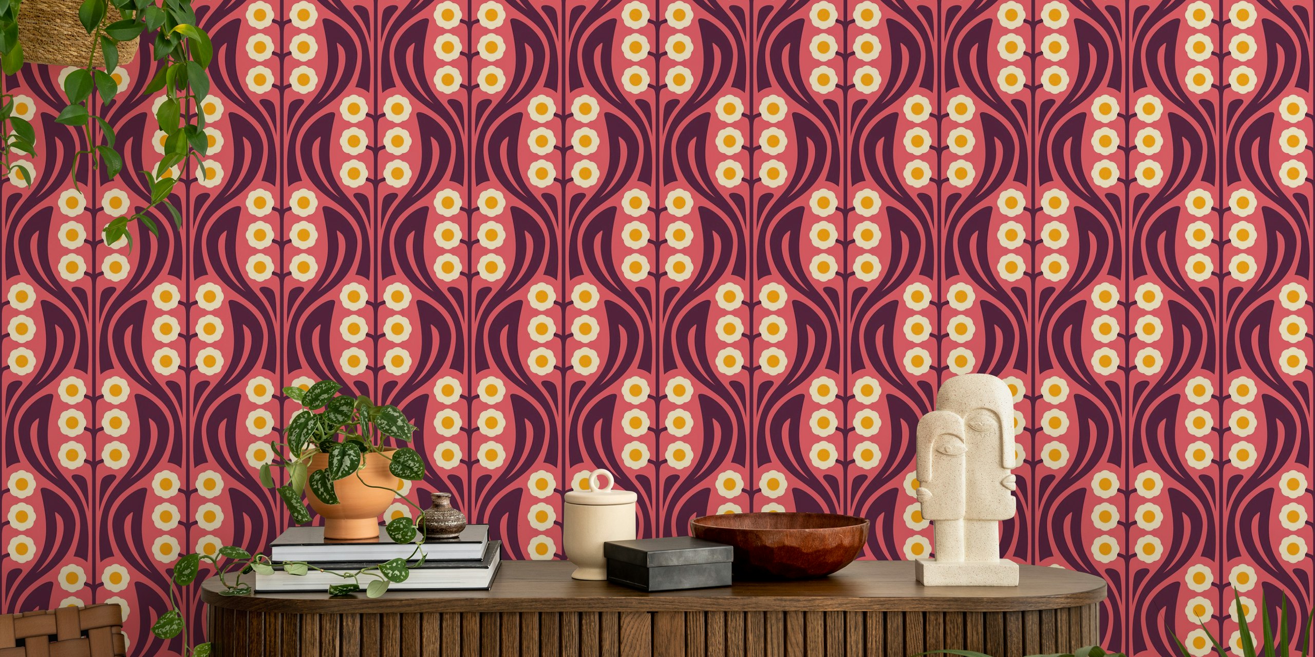 Papier peint Vintage Retro Daisy Harmony Pink dans une pièce