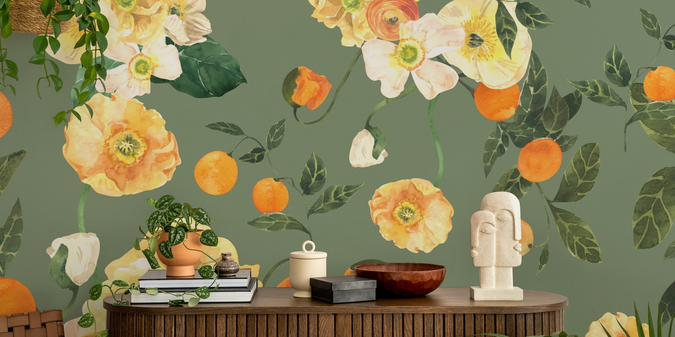 Lush Blooms and Oranges wallpaper in a room