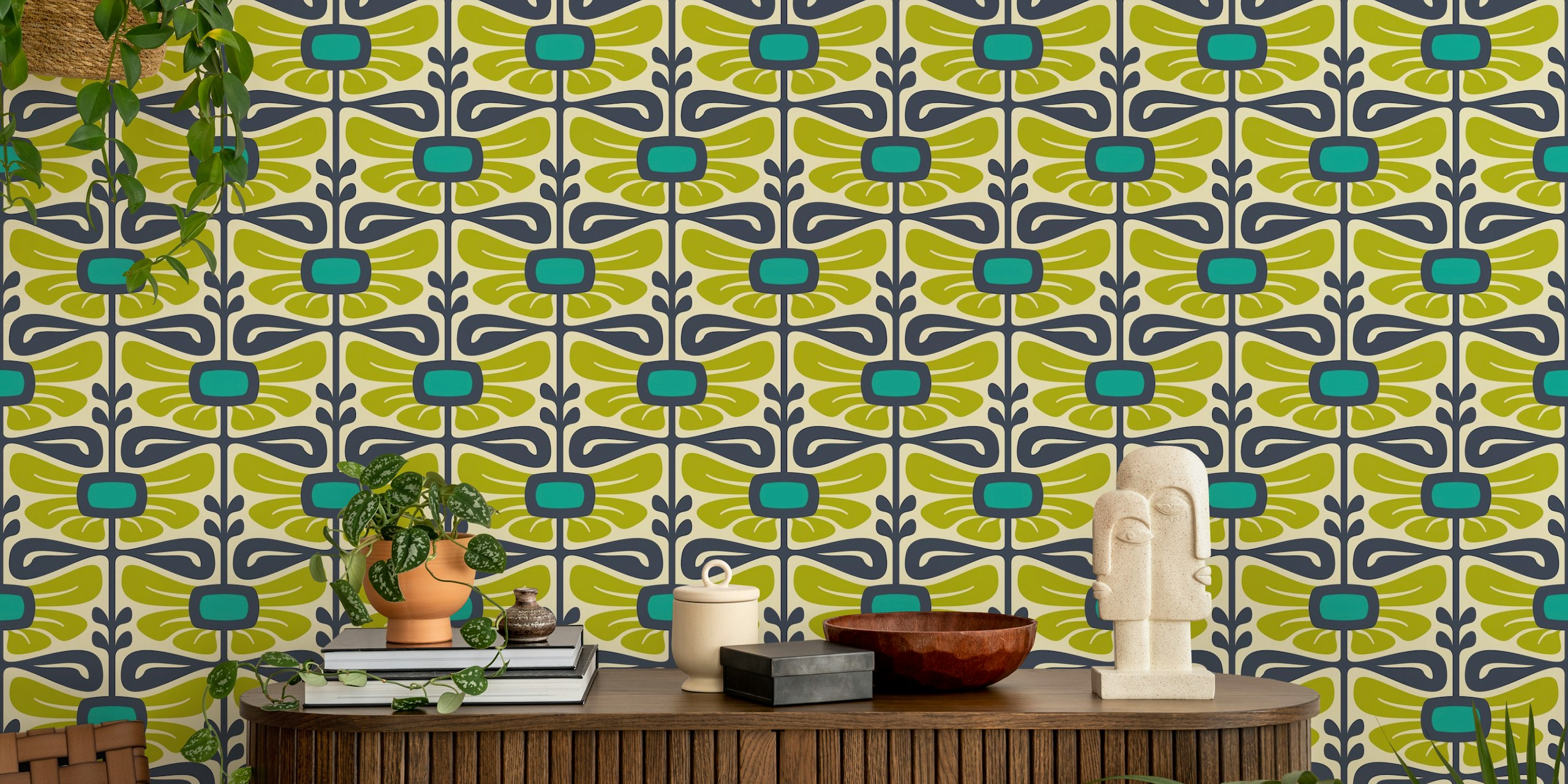 Vintage elegant floral wallpaper in green tones