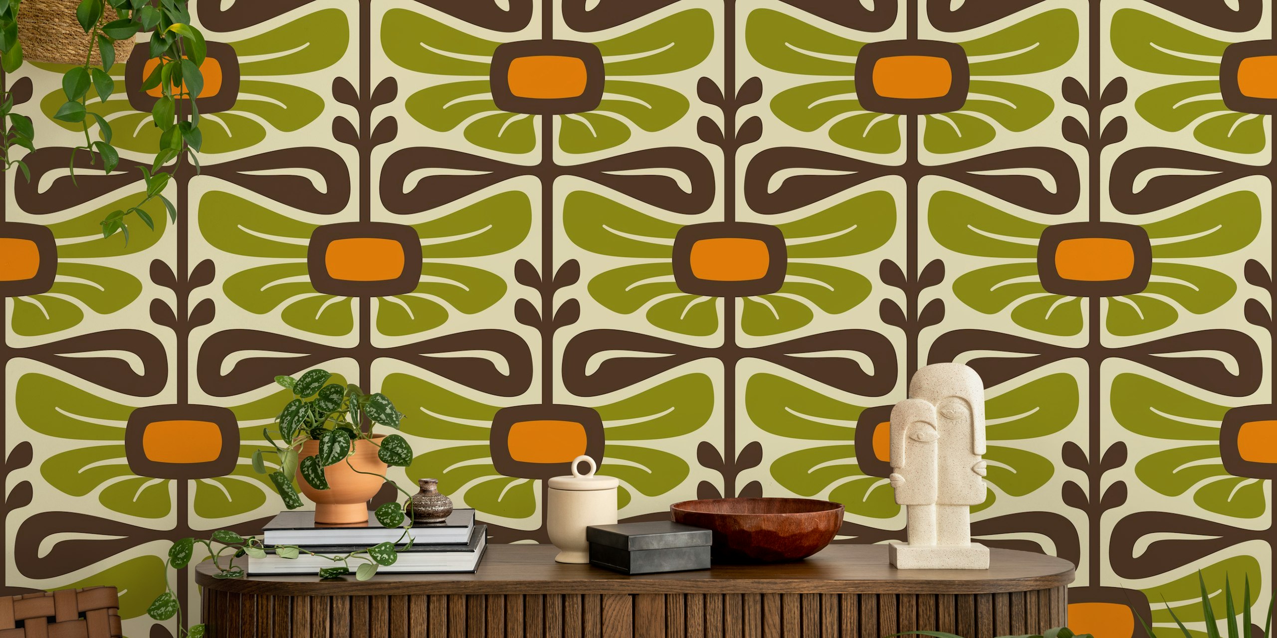 Vintage floral wallpaper in verde e arancione