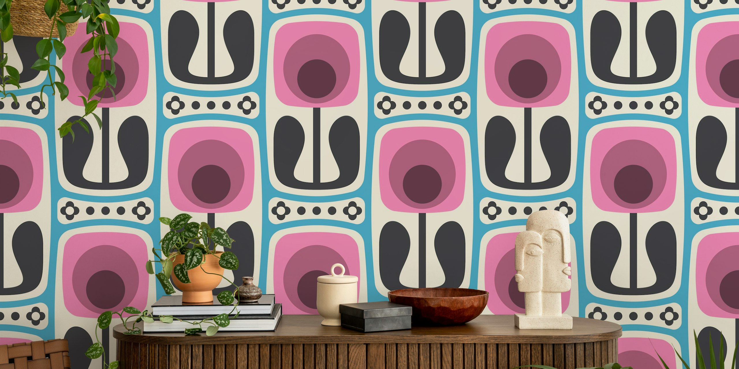 Nostalgic Retro Blooms Pink Blue zidna obloga u sobi