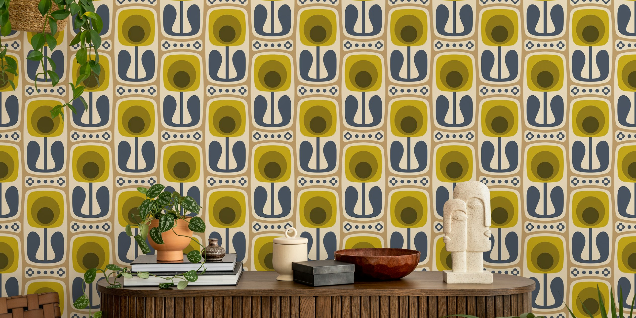 Nostalgic Retro Blooms Green Beige wallpaper in room