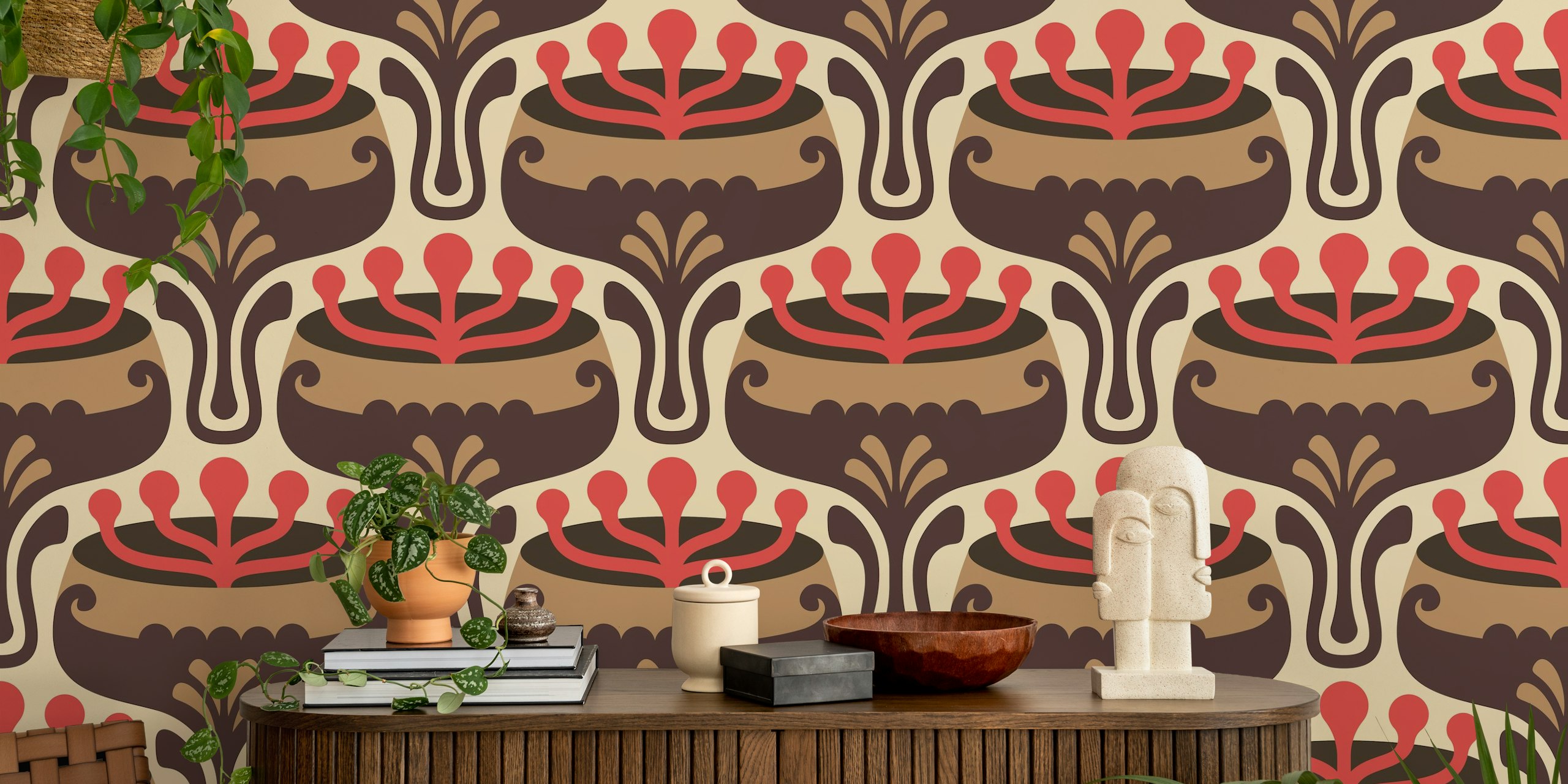 Retro floral design with brown and red colors wallpaper
