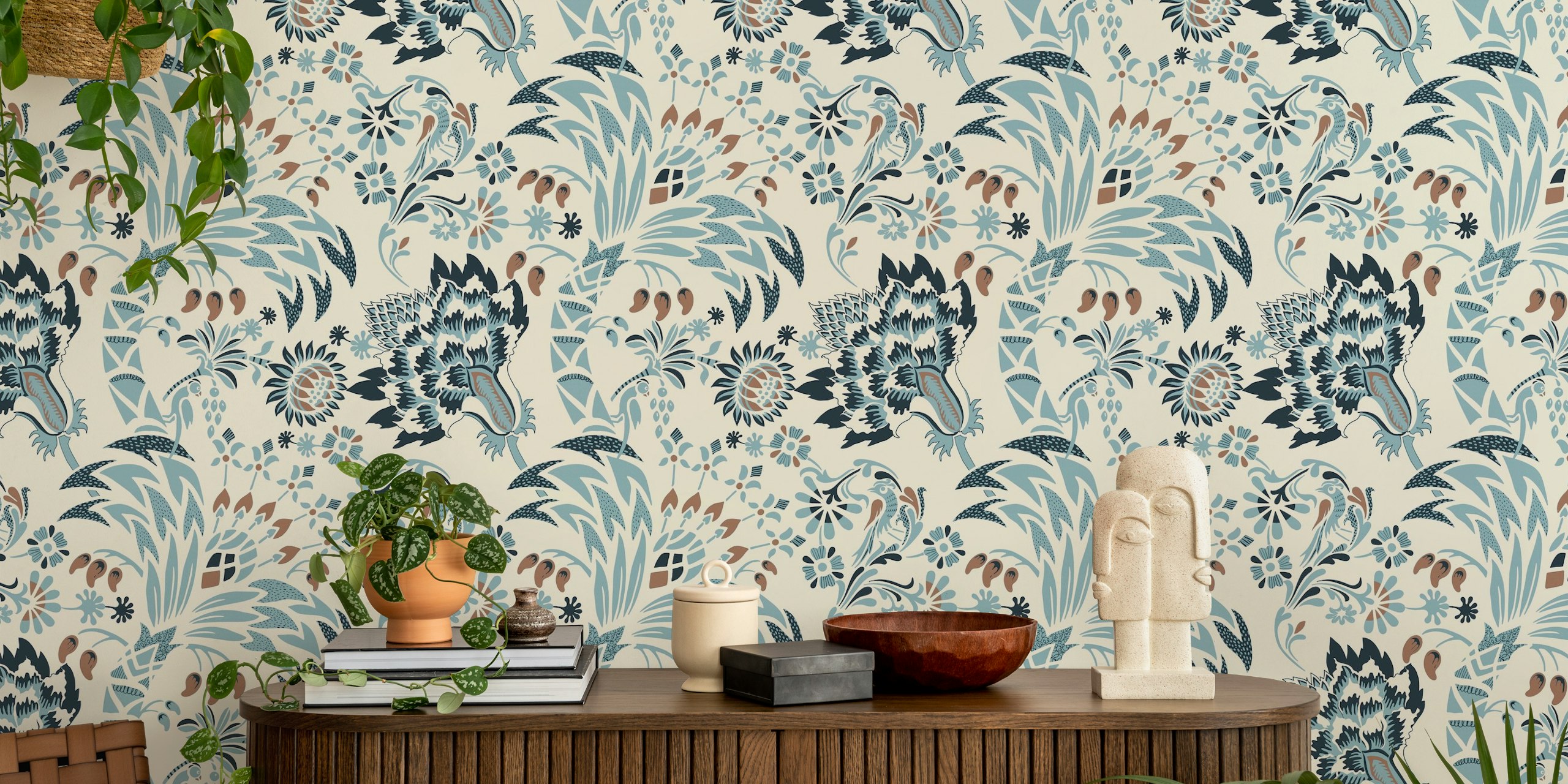 Garden Reverie Mocha Mousse Turquoise wallpaper design