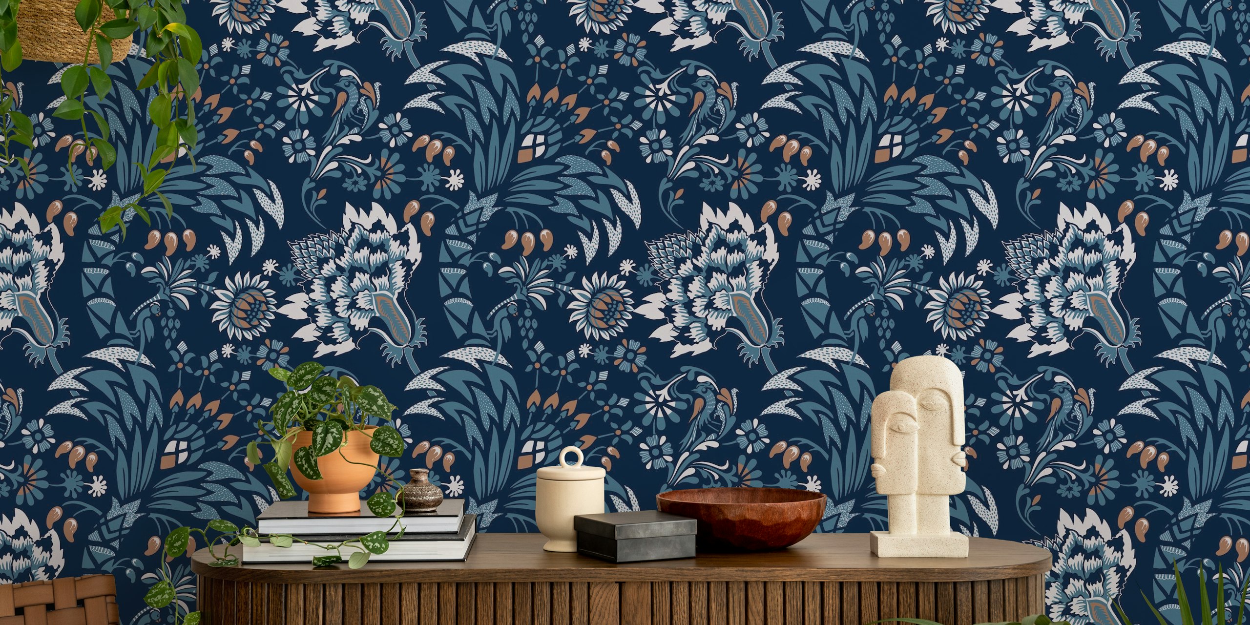Floral patterns with blue, mocha, and white colors wallpaper