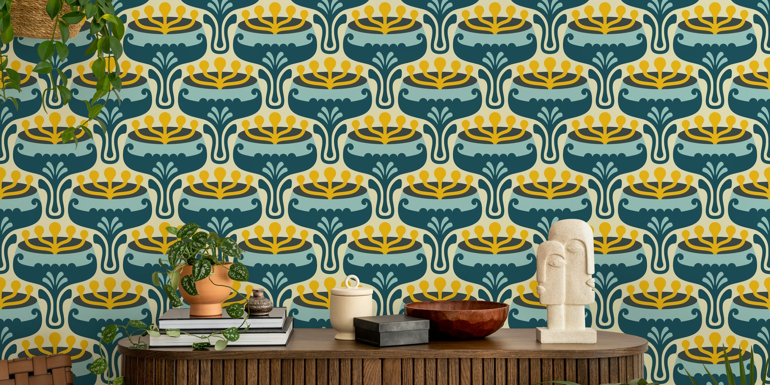 Elegant Retro Flourish in Blue wallpaper in a room