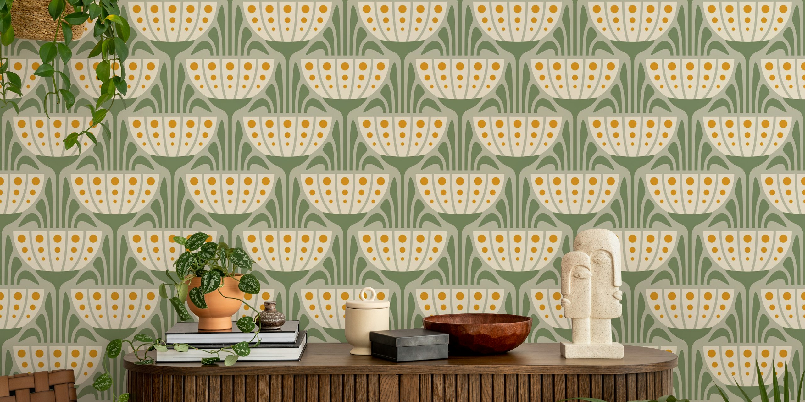 Mid-Century Blossoms wallpaper in een kamer