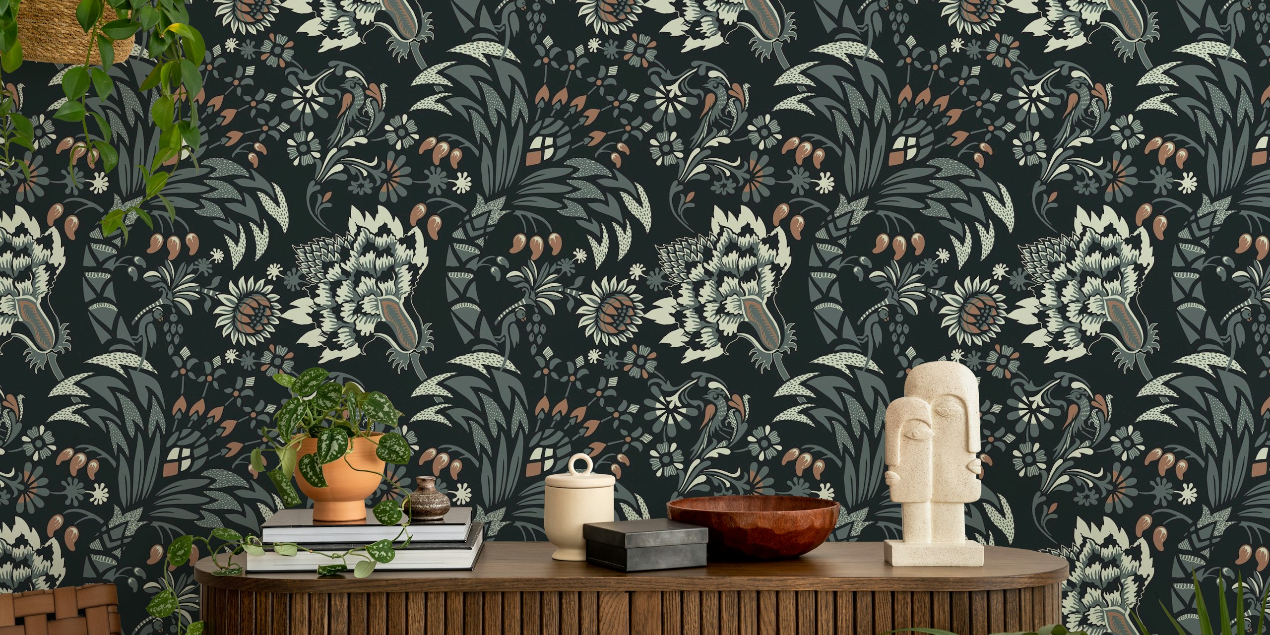 Dark mocha floral wallpaper with intricate leaves and blossoms