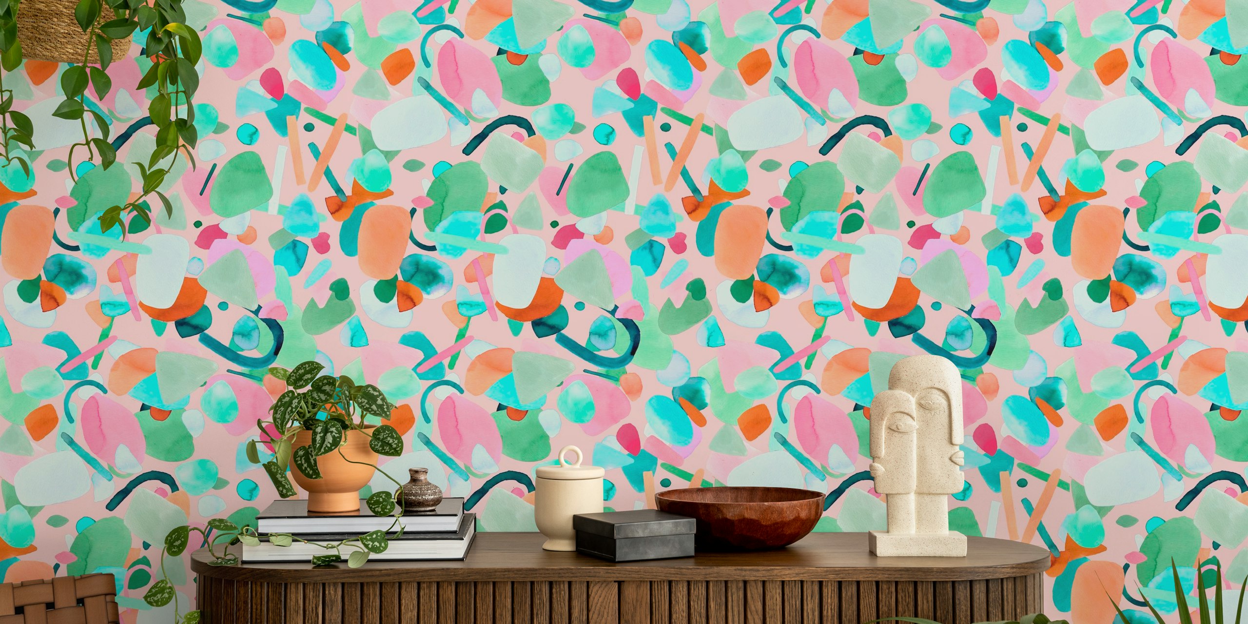 Modern abstract geometry wallpaper in pink en green