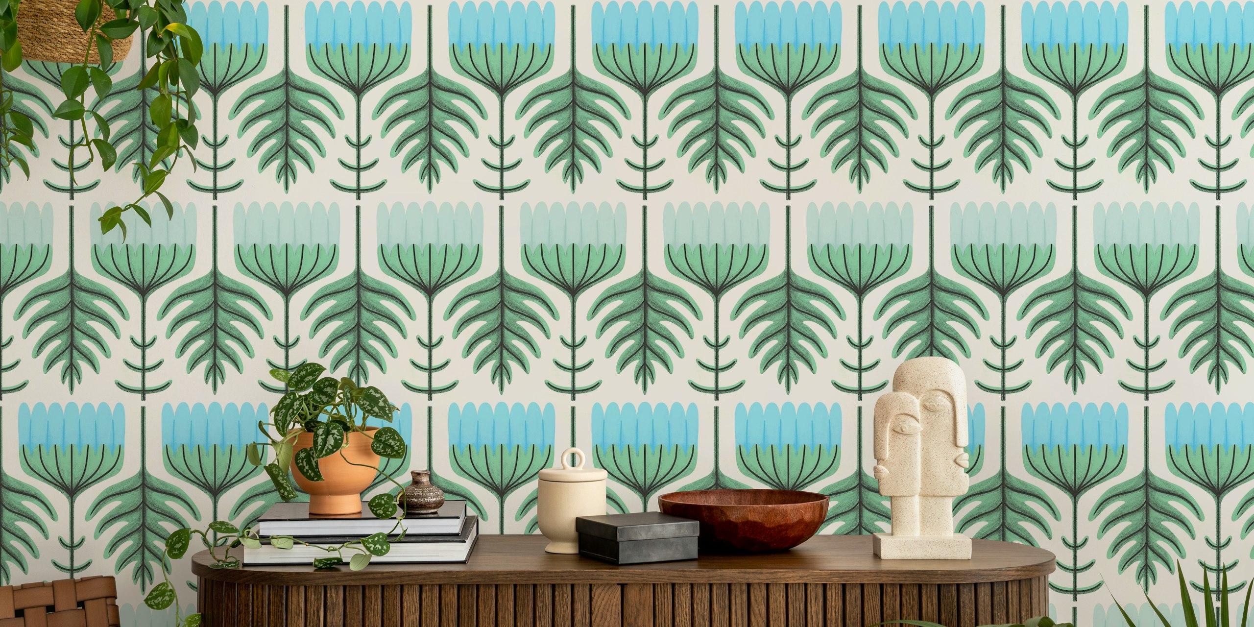 Retro floral wallpaper i et rumsmiljø