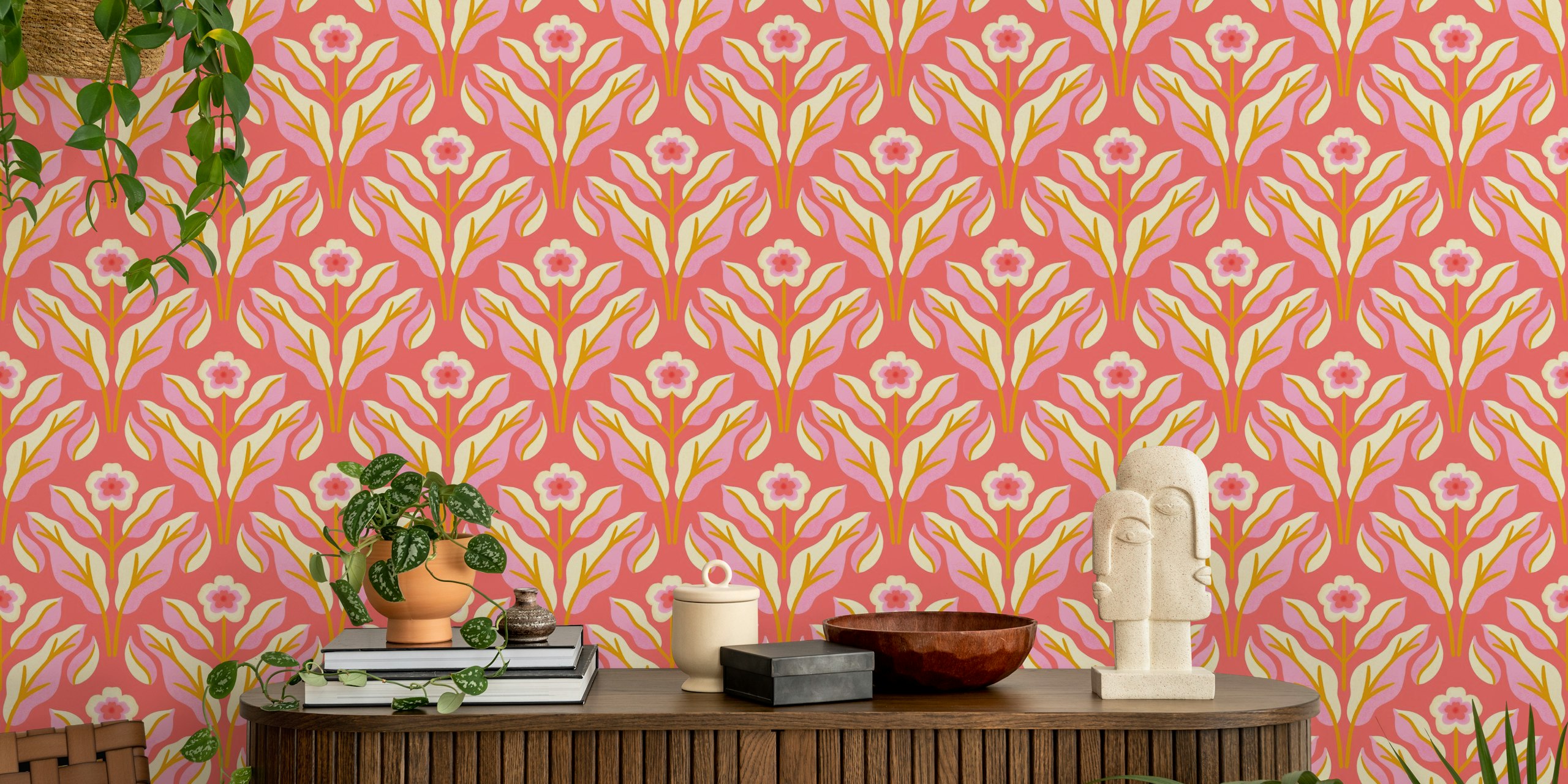 Hibiscus and Leaves coral wallpaper in a room