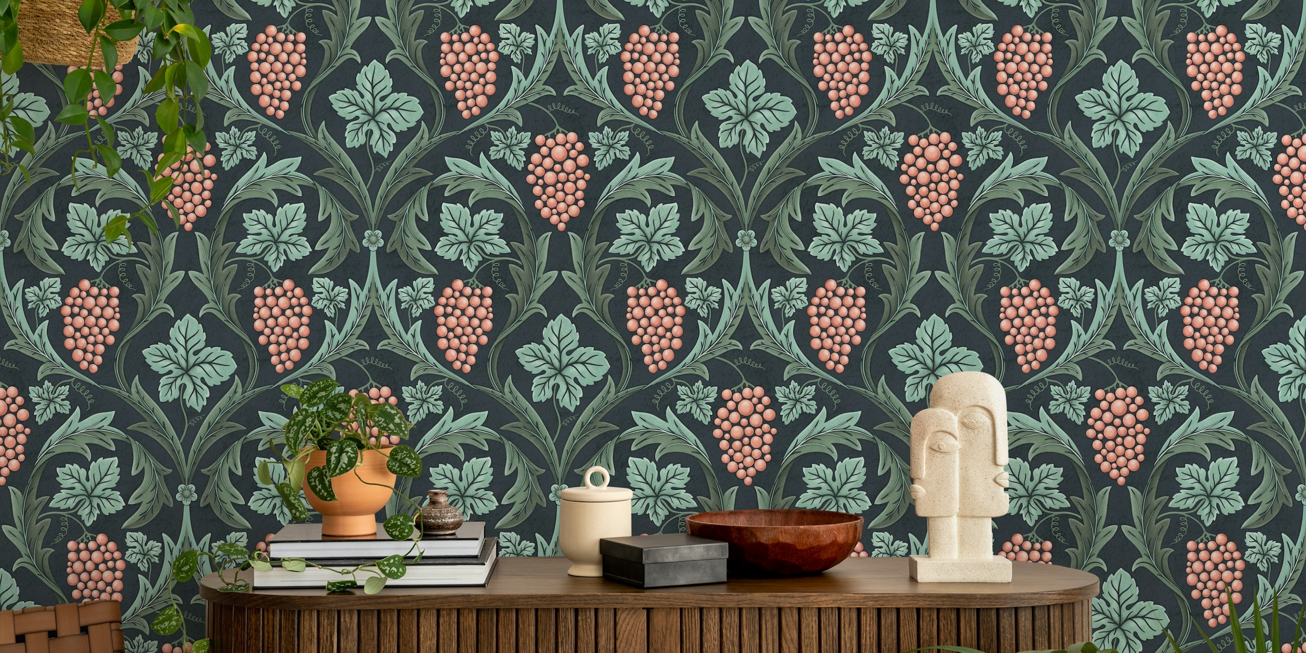 Floral pattern with pink grapes and green leaves on dark background wallpaper