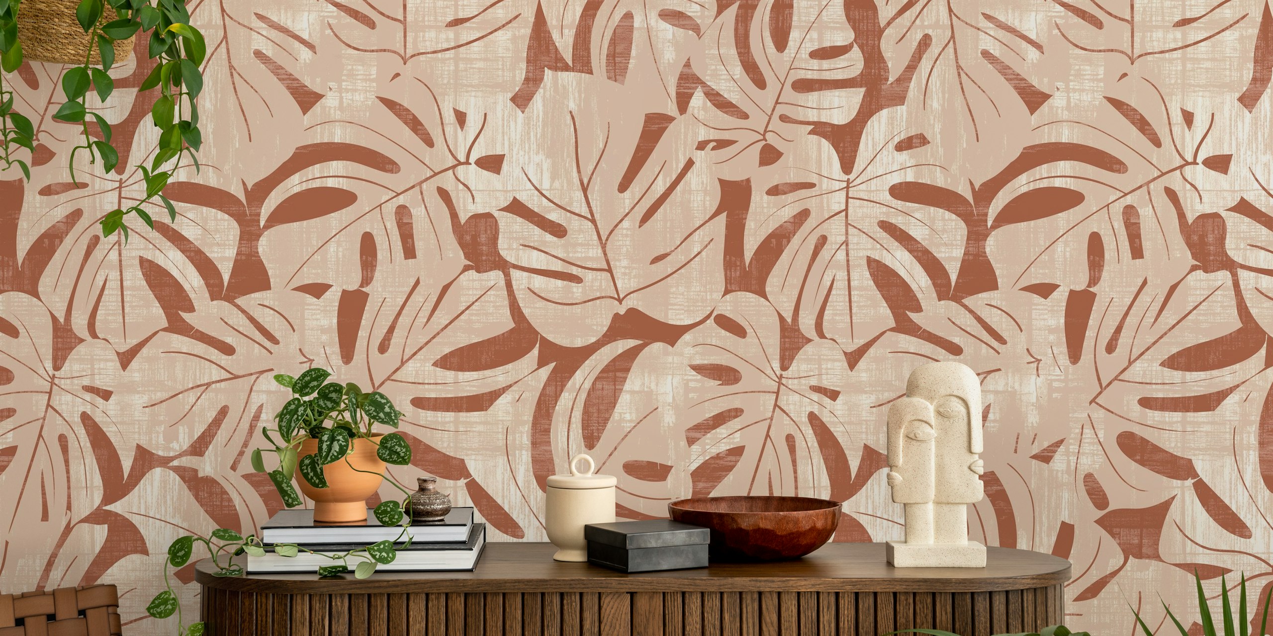 Jungle leaves pattern in warm nude and auburn brown, botanical wallpaper