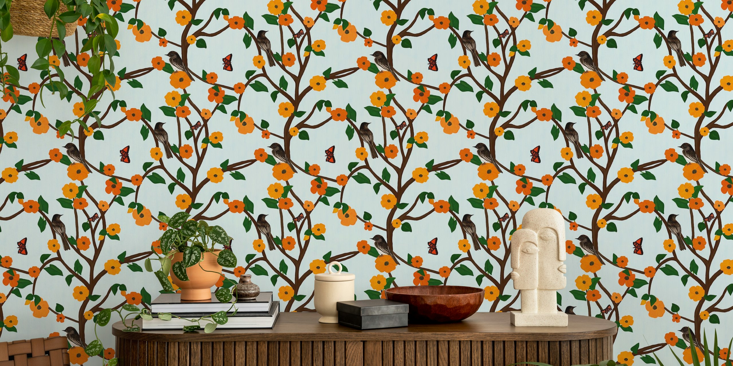 Phoebes in Chinoiserie Garden wallpaper in a room