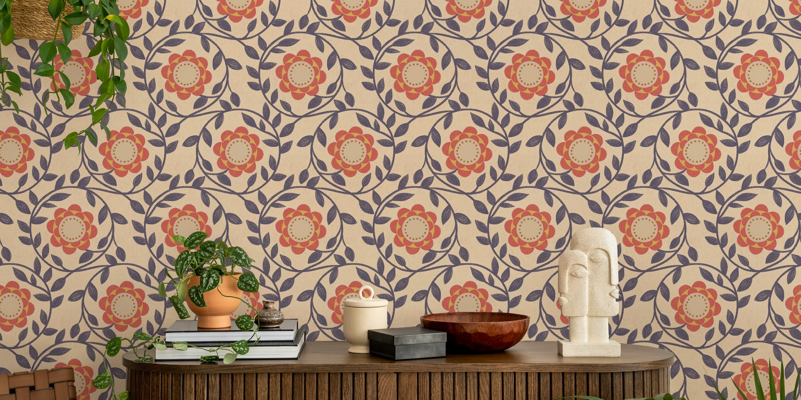 Colorful vintage floral design with red and beige flowers on blue background wallpaper