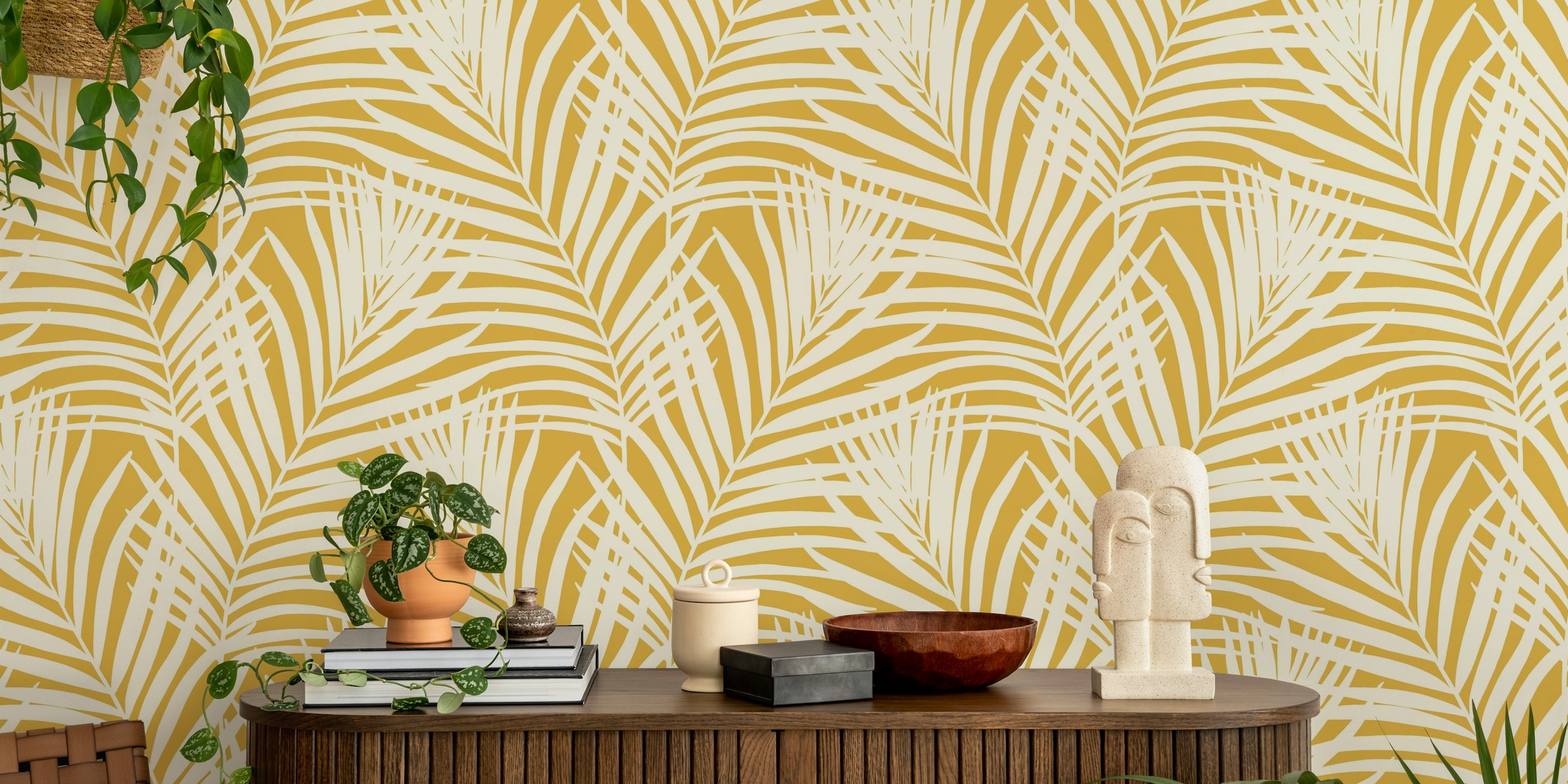 Coastal Palm Leaves in mustard yellow wallpaper