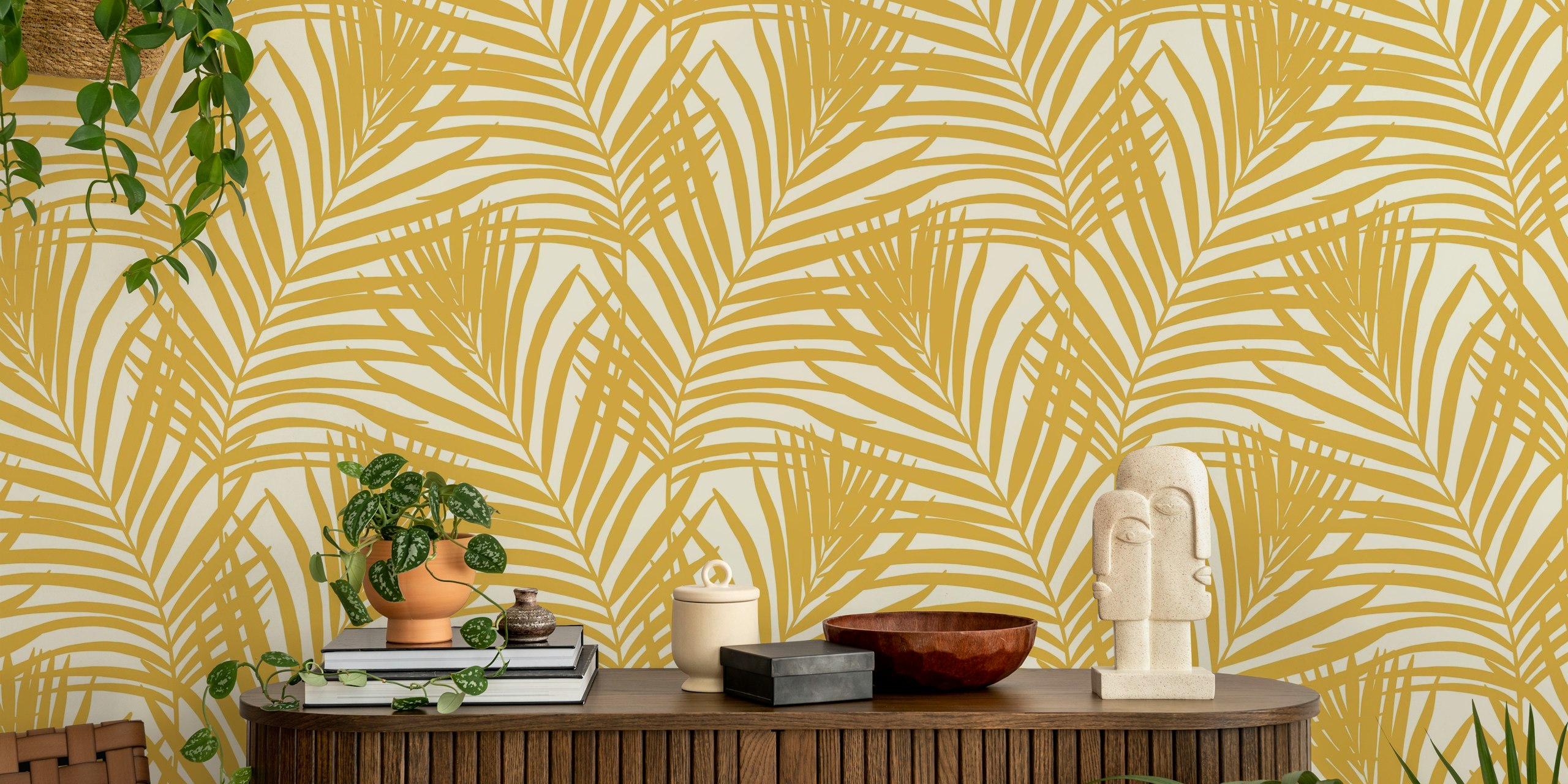 Coastal palm leaves wallpaper in mustard yellow
