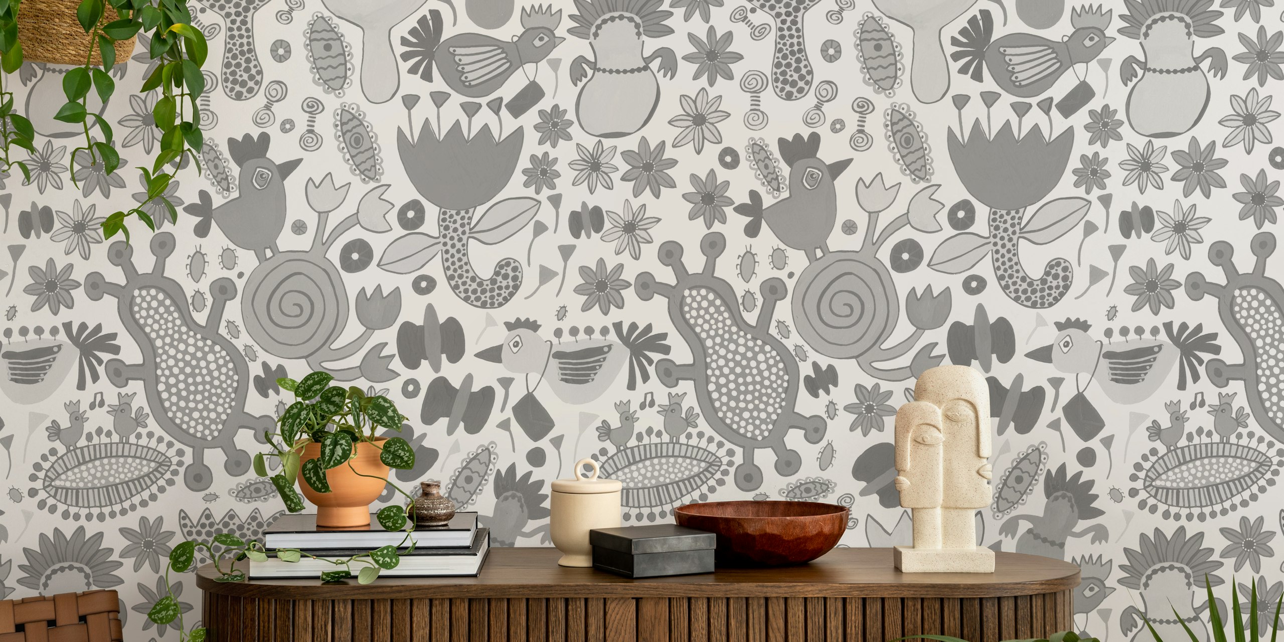 Whimsical bird and flower patterns in grey tones wallpaper