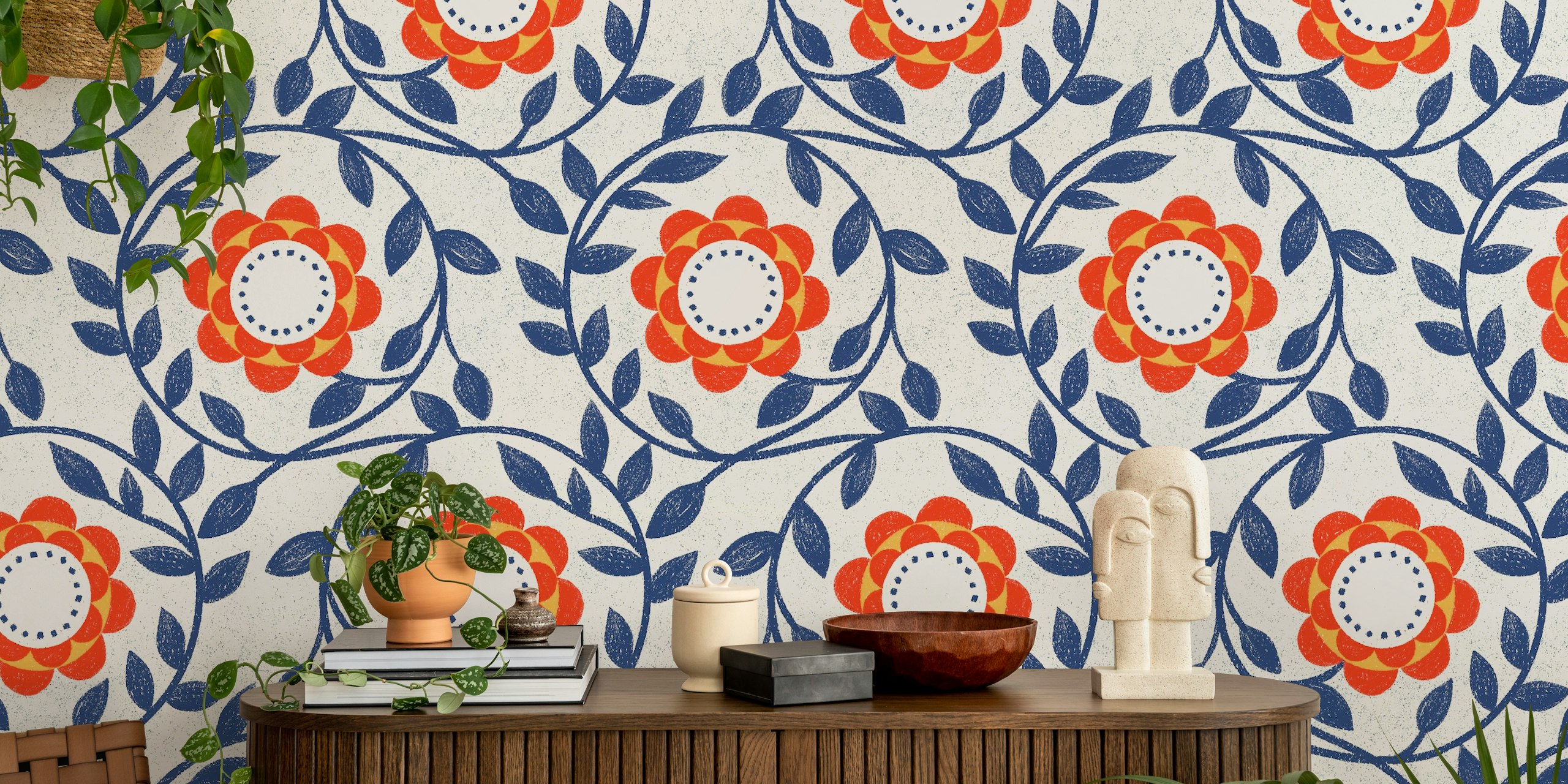 Vintage floral wallpaper en rojo y azul