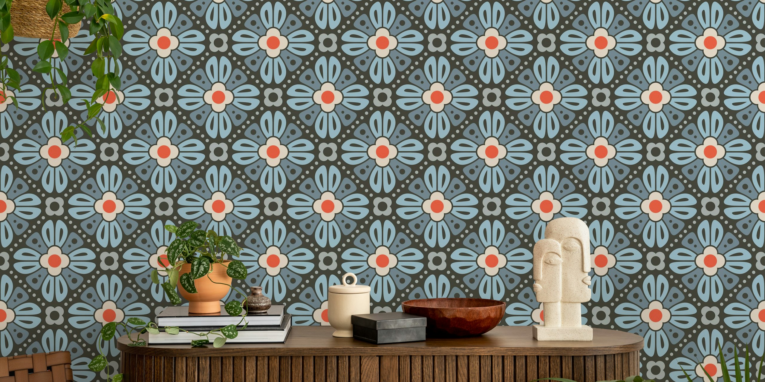 Retro floral wallpaper with blue and red flowers on dark background