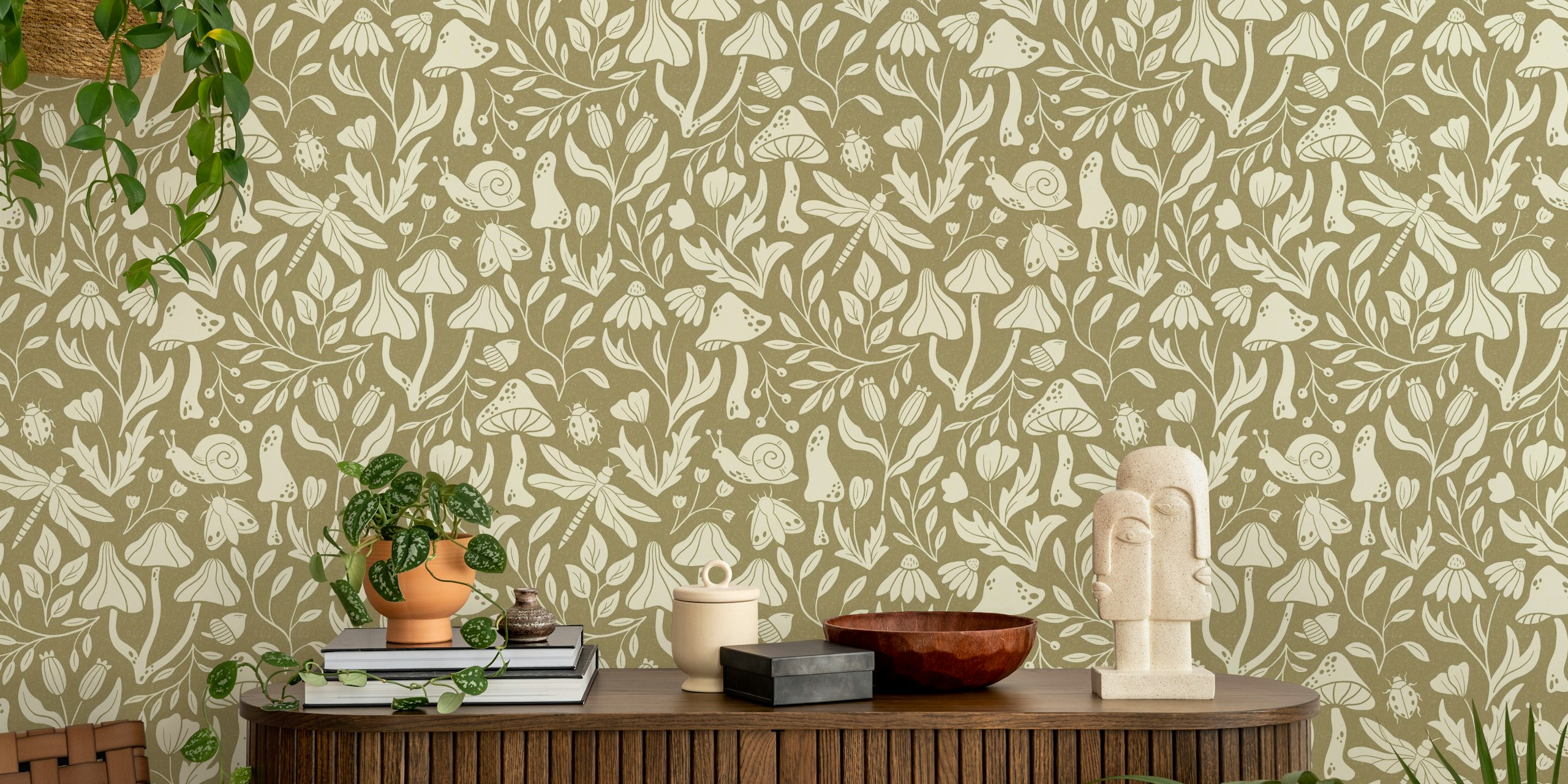 Forest Life in Olive Green wallpaper in a room